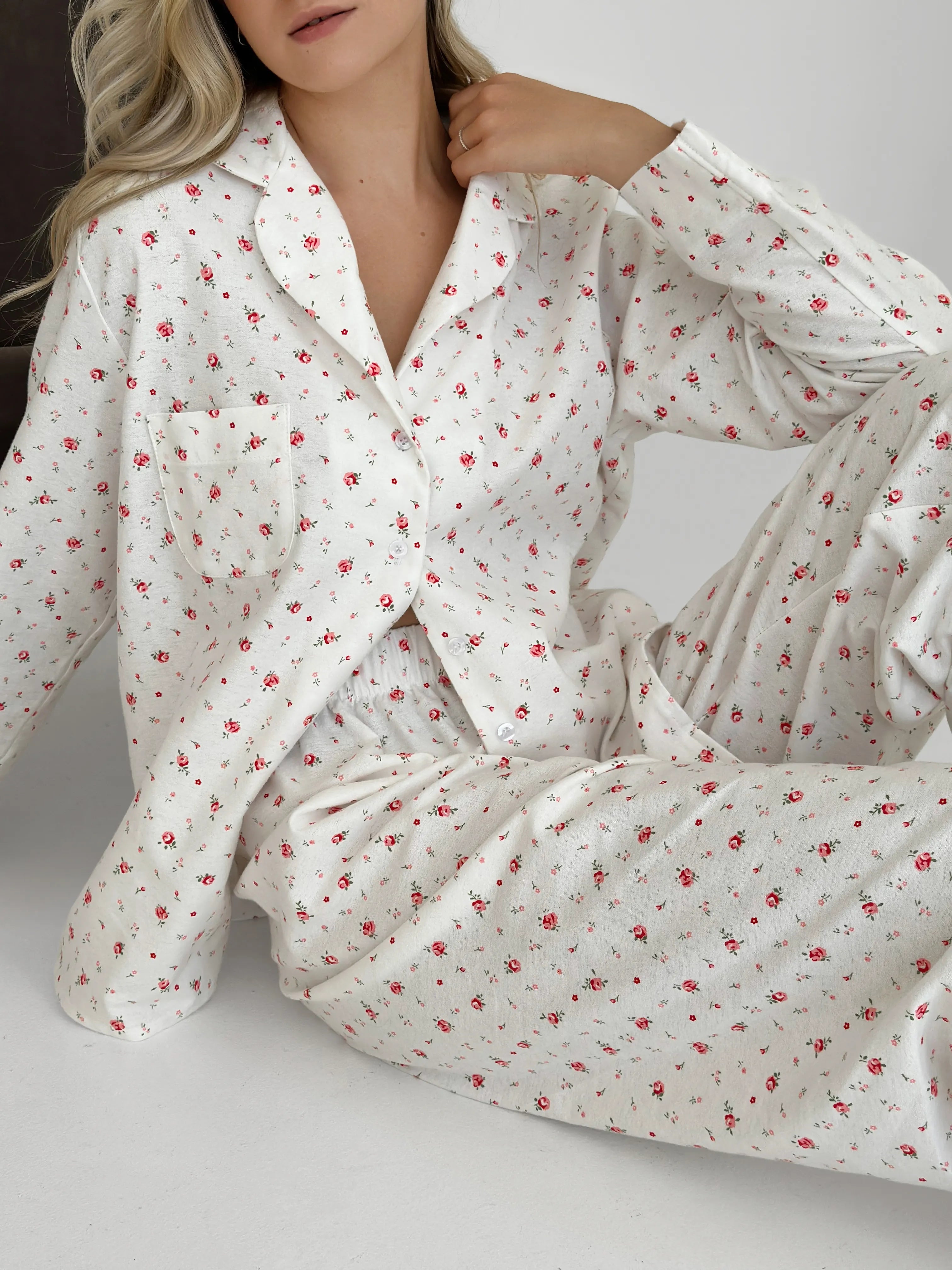Flannel pajama set white "rose"