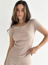 Ribbed button-down T-shirt beige