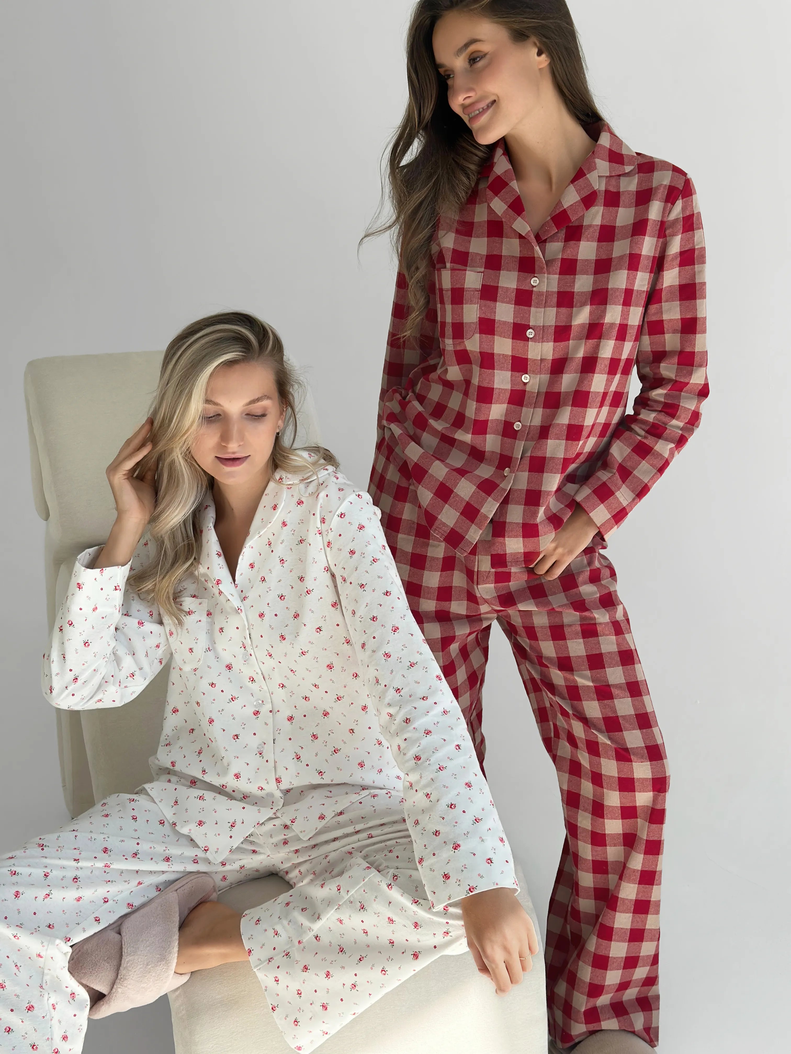 Flannel pajama set white "rose"