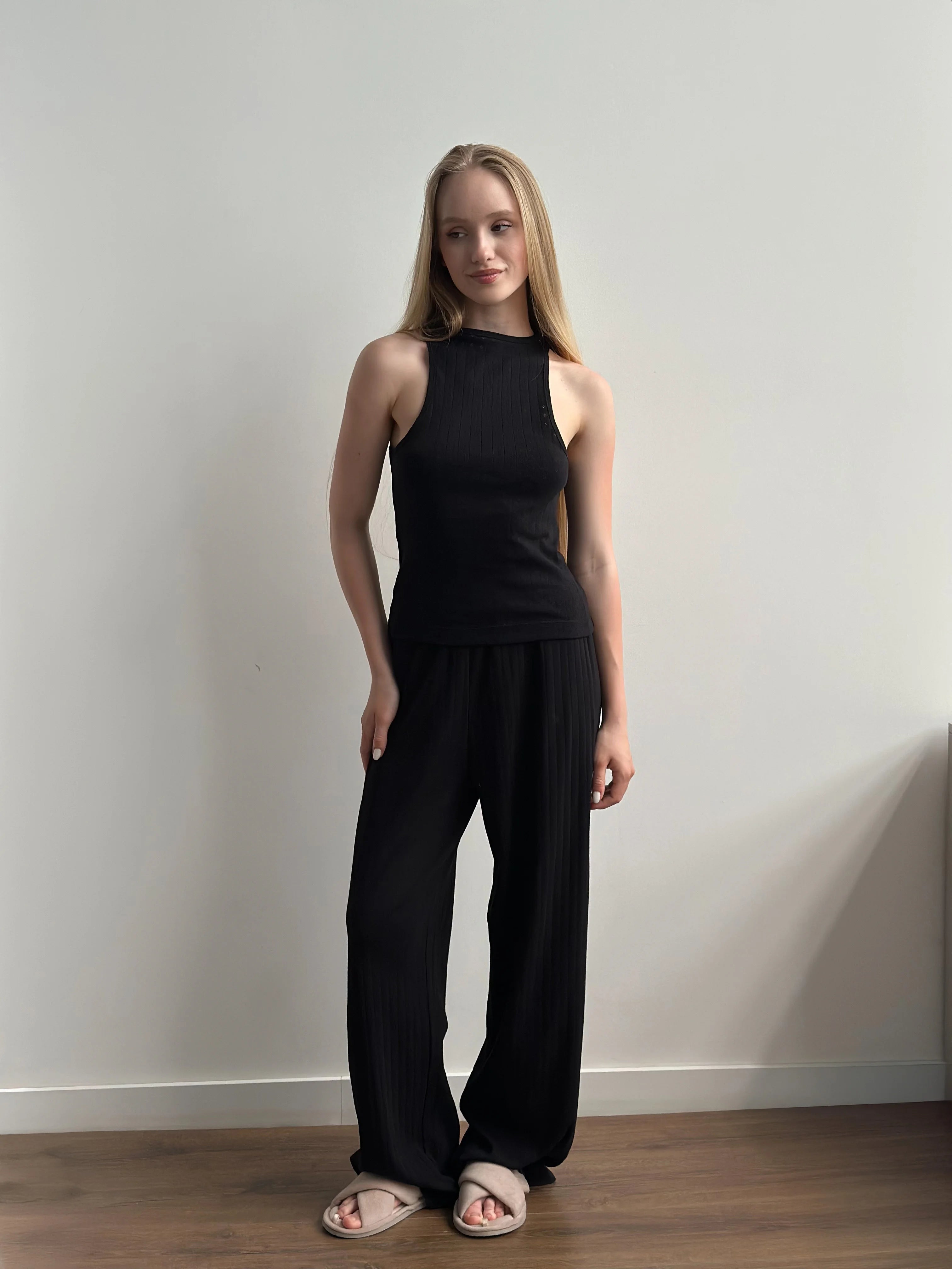 Ribbed wide pants black
