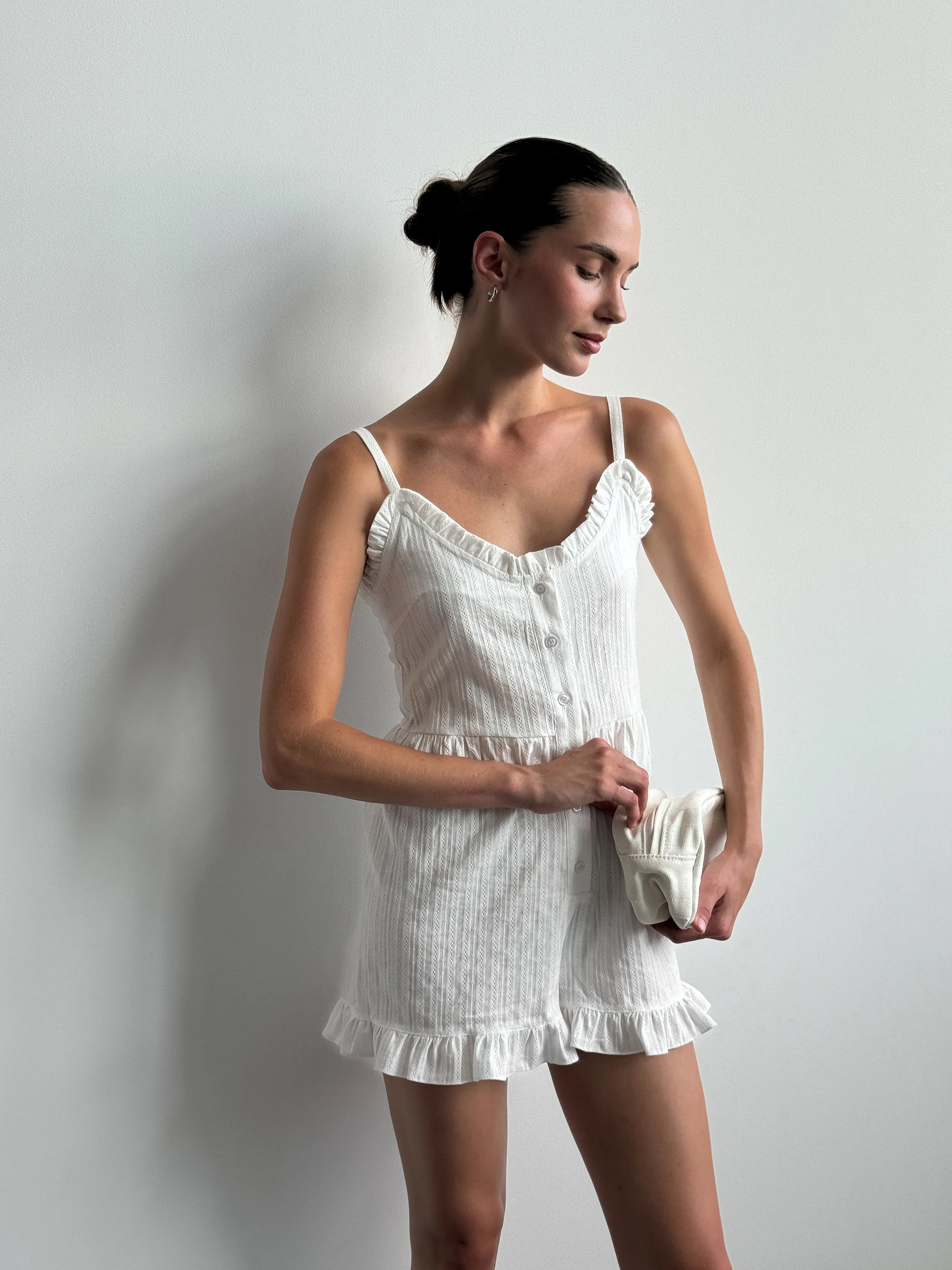 Women's white cambric jumpsuit with a pattern