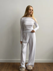 Ribbed knitted suit wide pants + longsleeves white