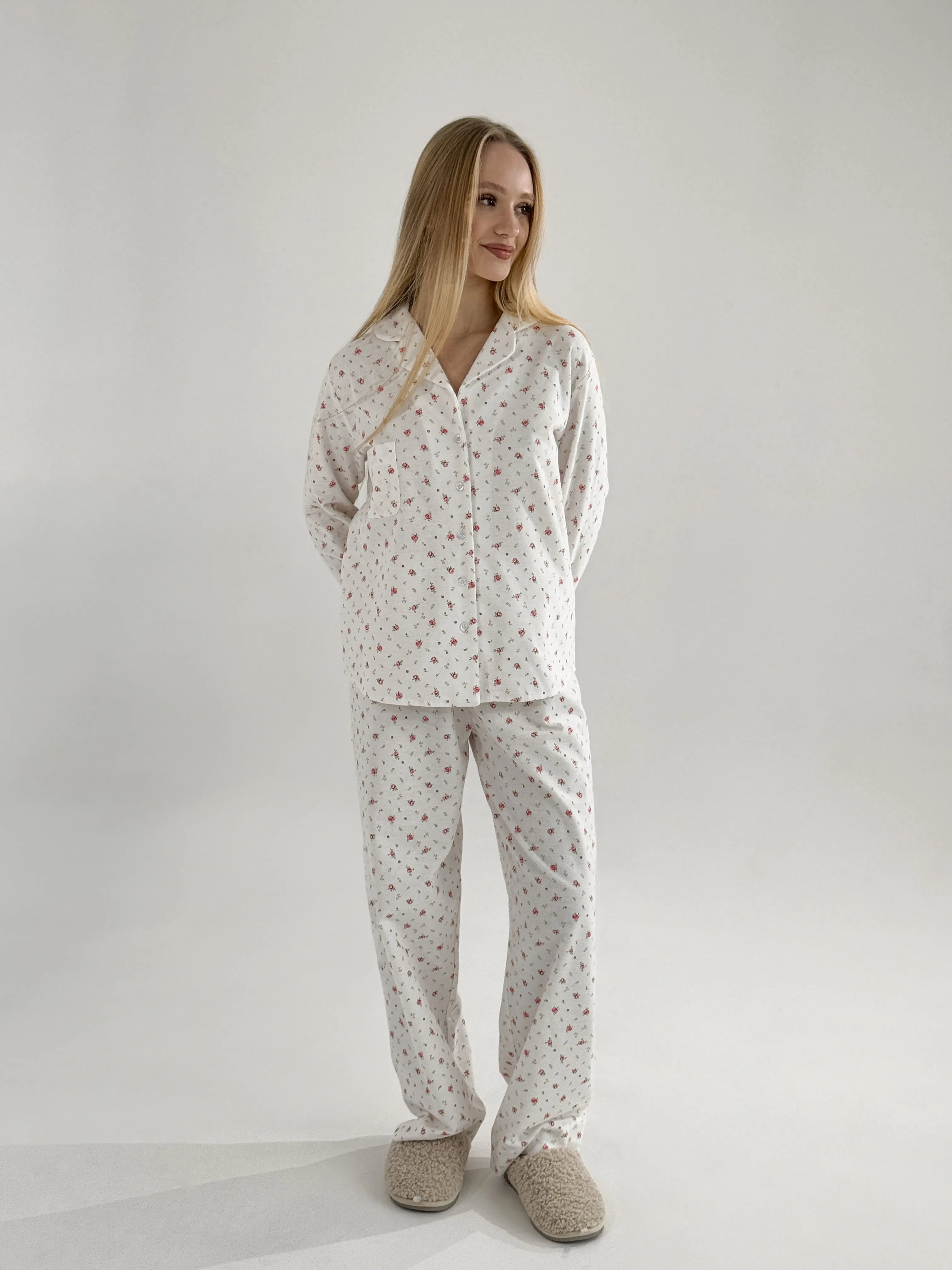 Flannel pajama set white "rose"