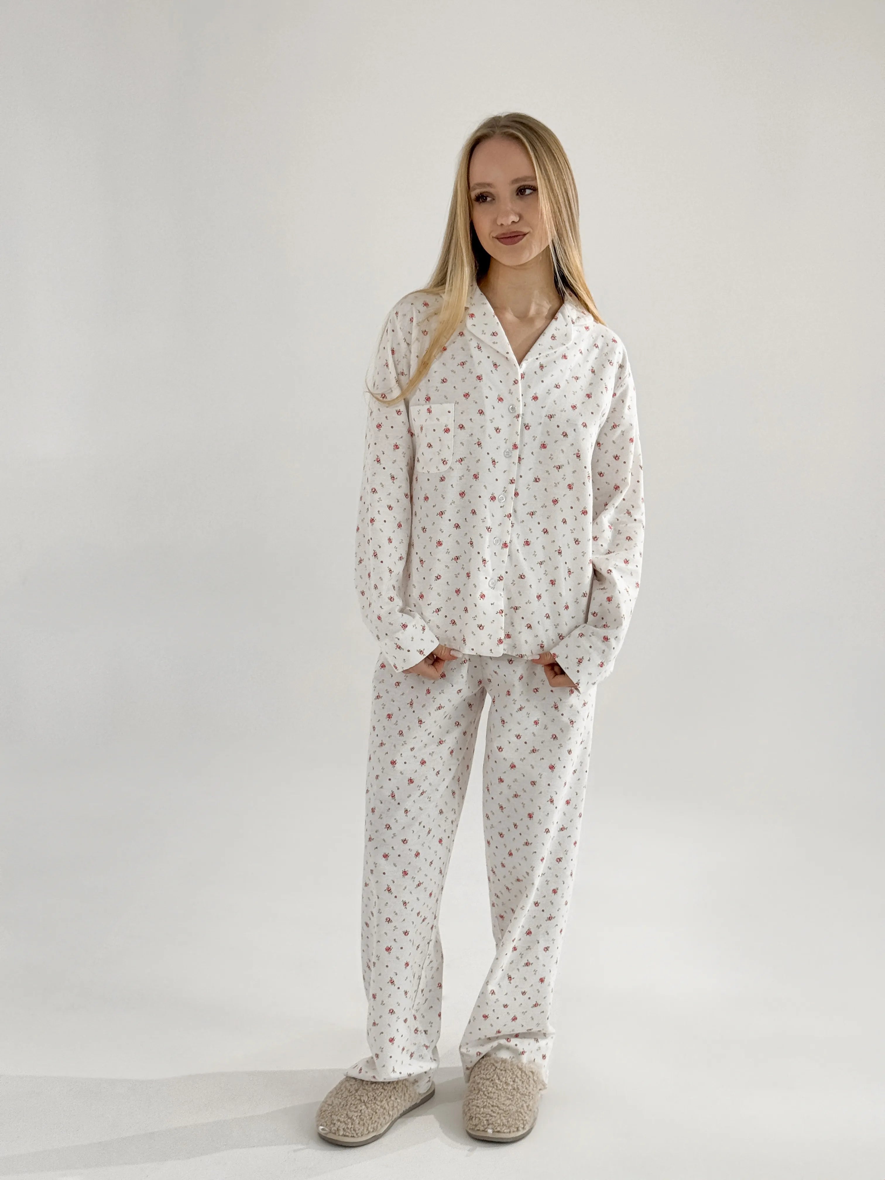 Flannel pajama set white "rose"
