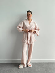 Muslin set 2-layer kimono+pants powder