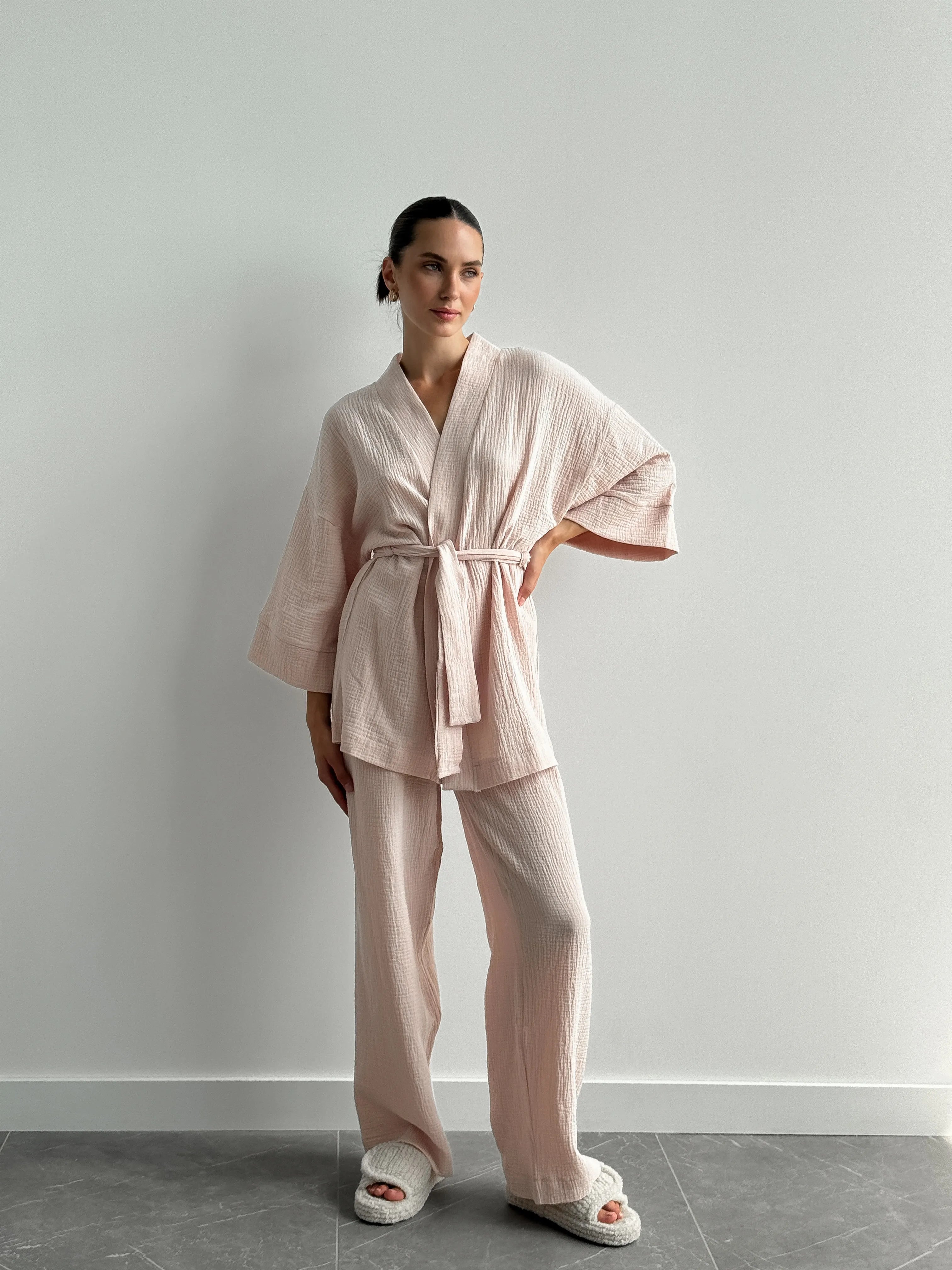 Muslin set 2-layer kimono+pants powder