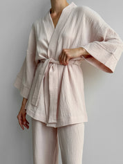 Muslin set 2-layer kimono+pants powder
