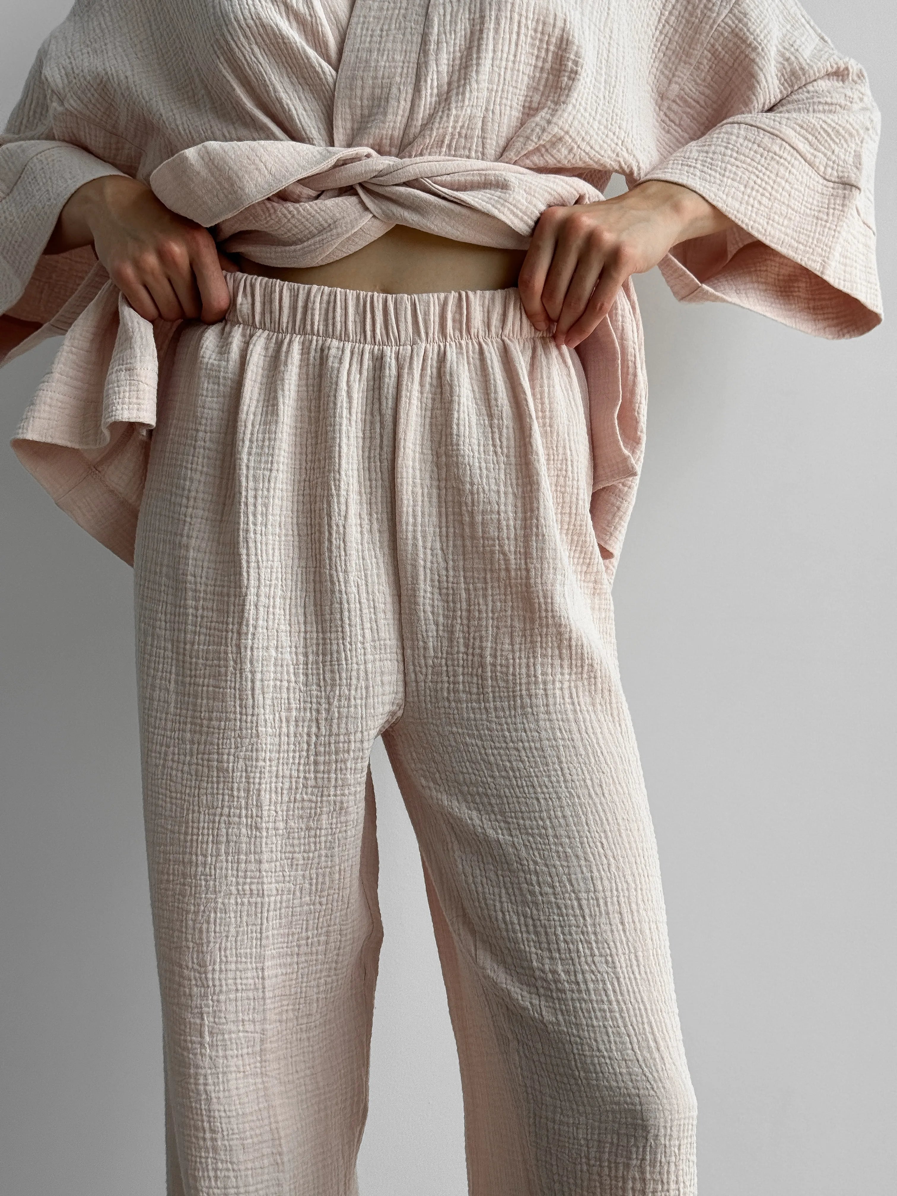 Muslin set 2-layer kimono+pants powder