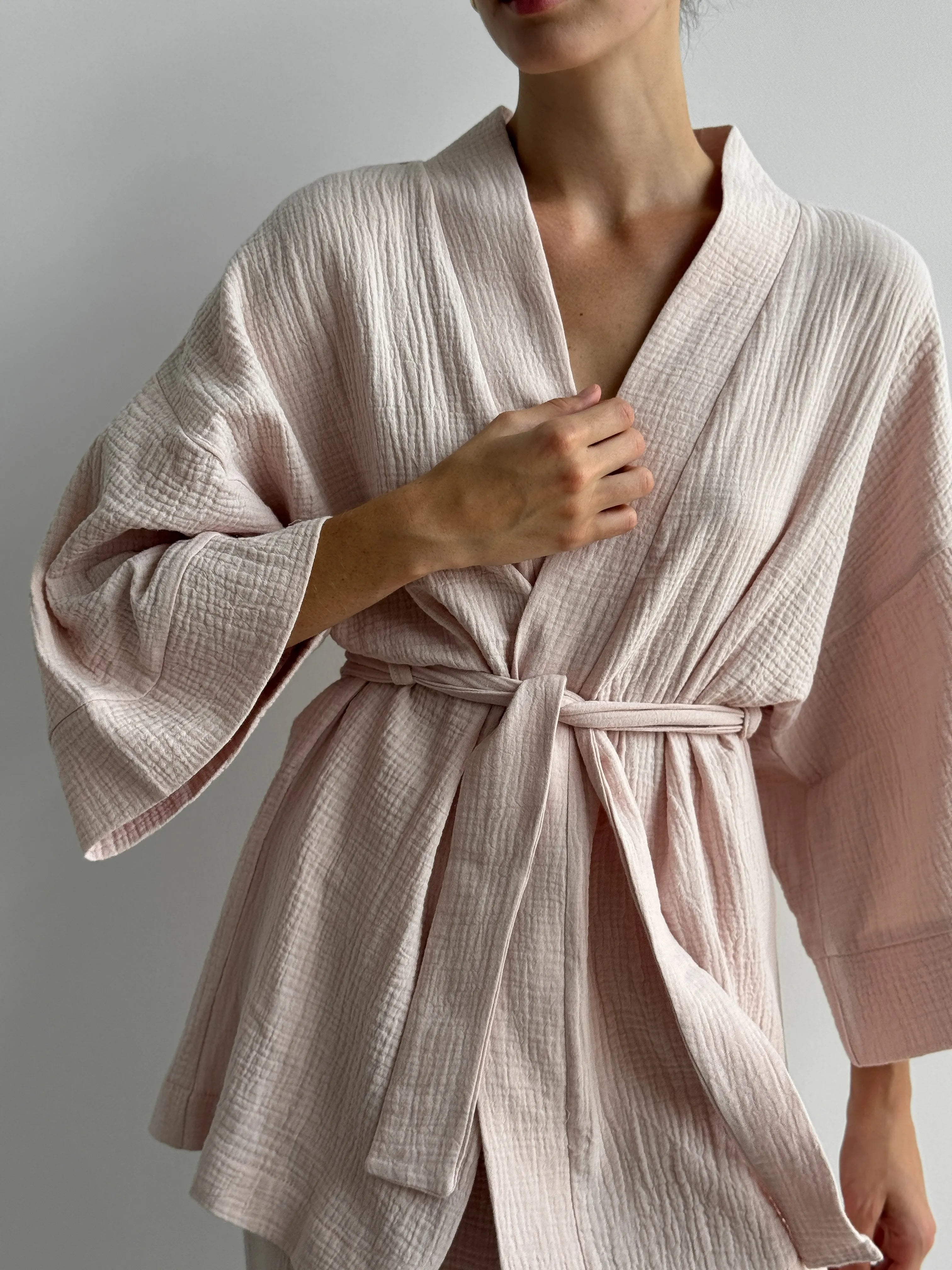 Muslin set 2-layer kimono+pants powder