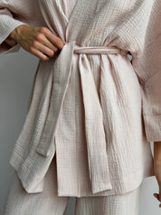 Muslin set 2-layer kimono+pants powder