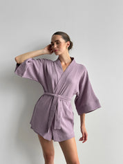 Muslin set 2-layer kimono+shorts purple