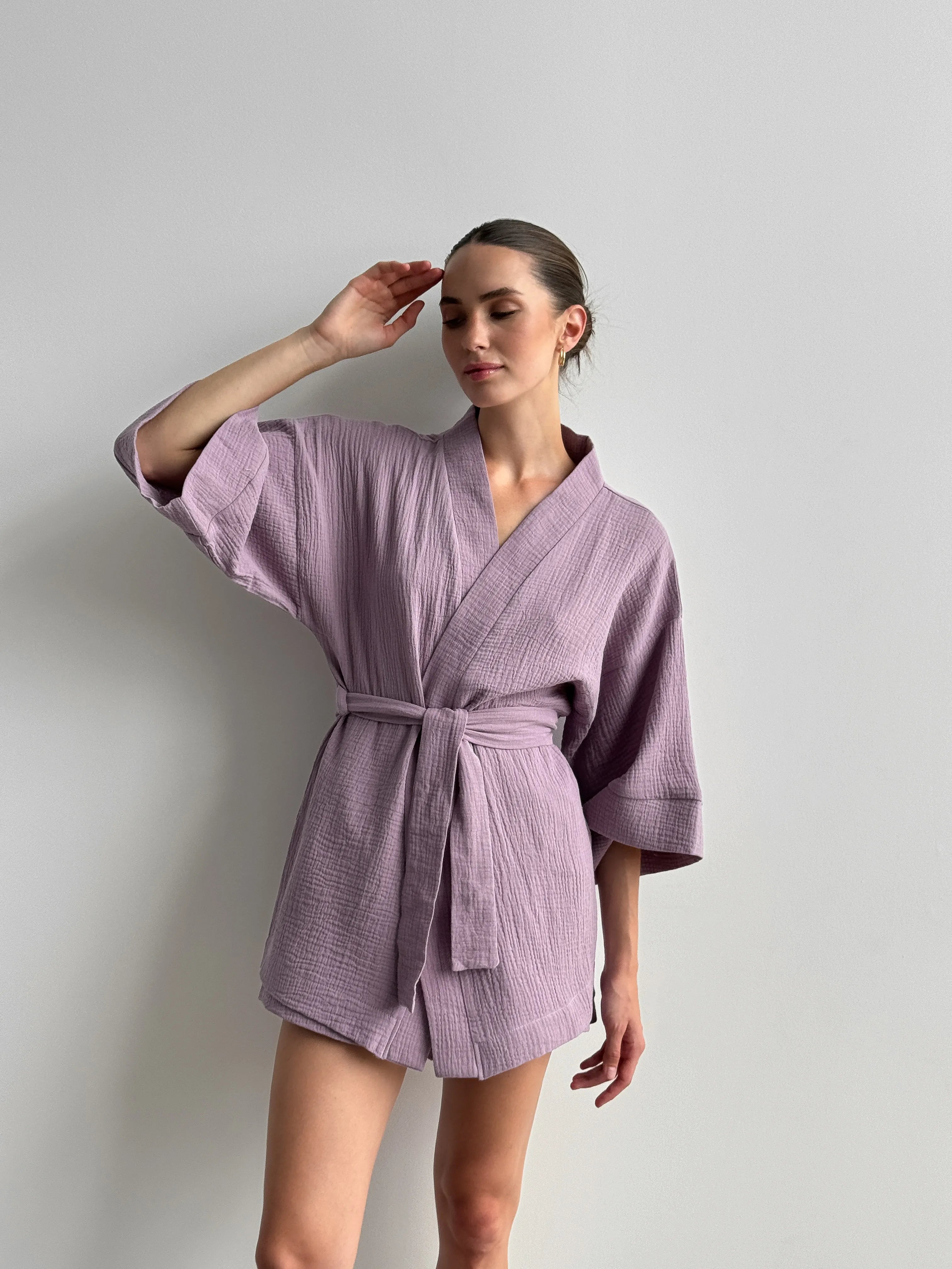 Muslin set 2-layer kimono+shorts purple