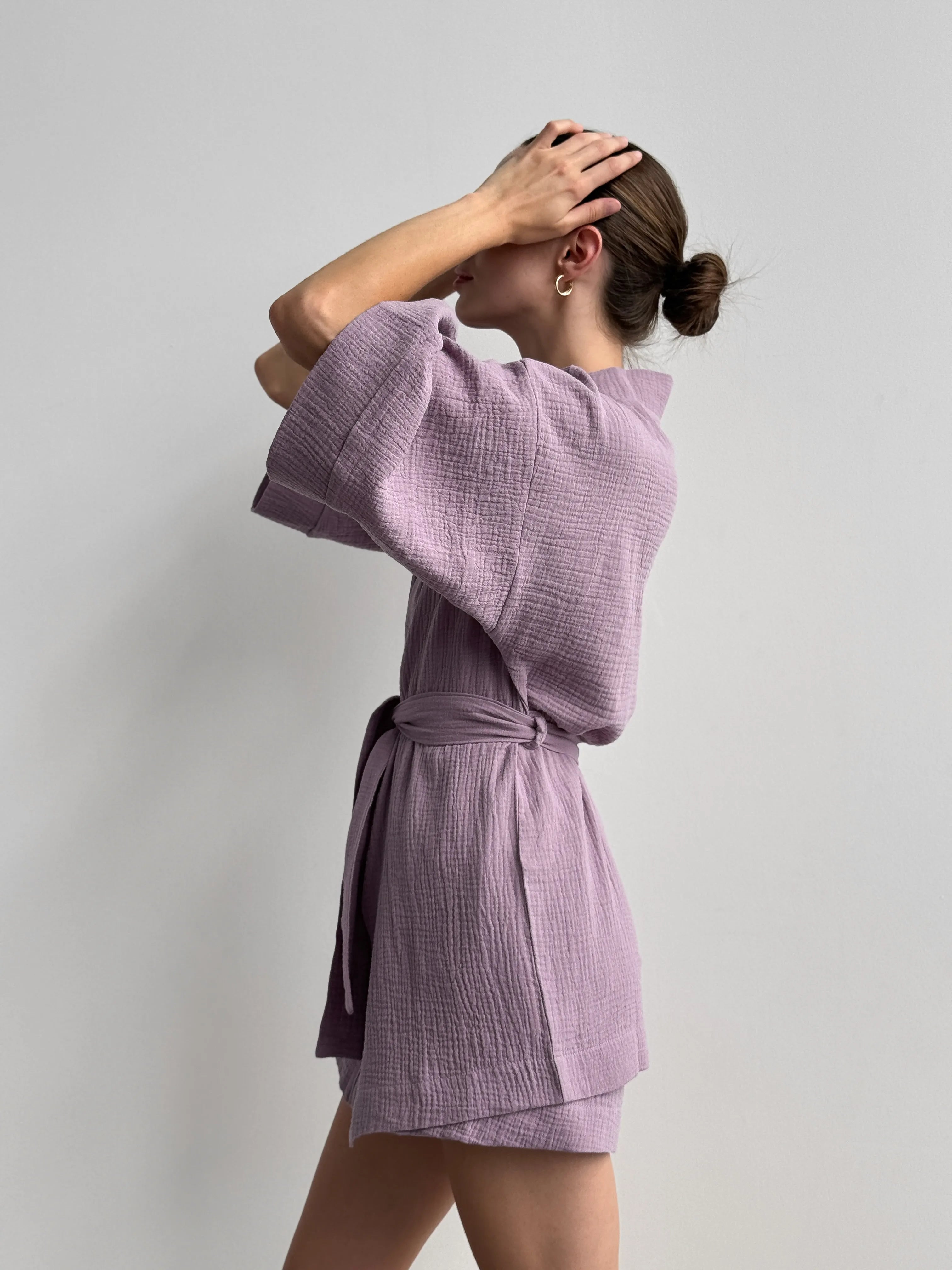 Muslin set 2-layer kimono+shorts purple