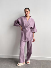 Muslin set 2-layer kimono+pants purple