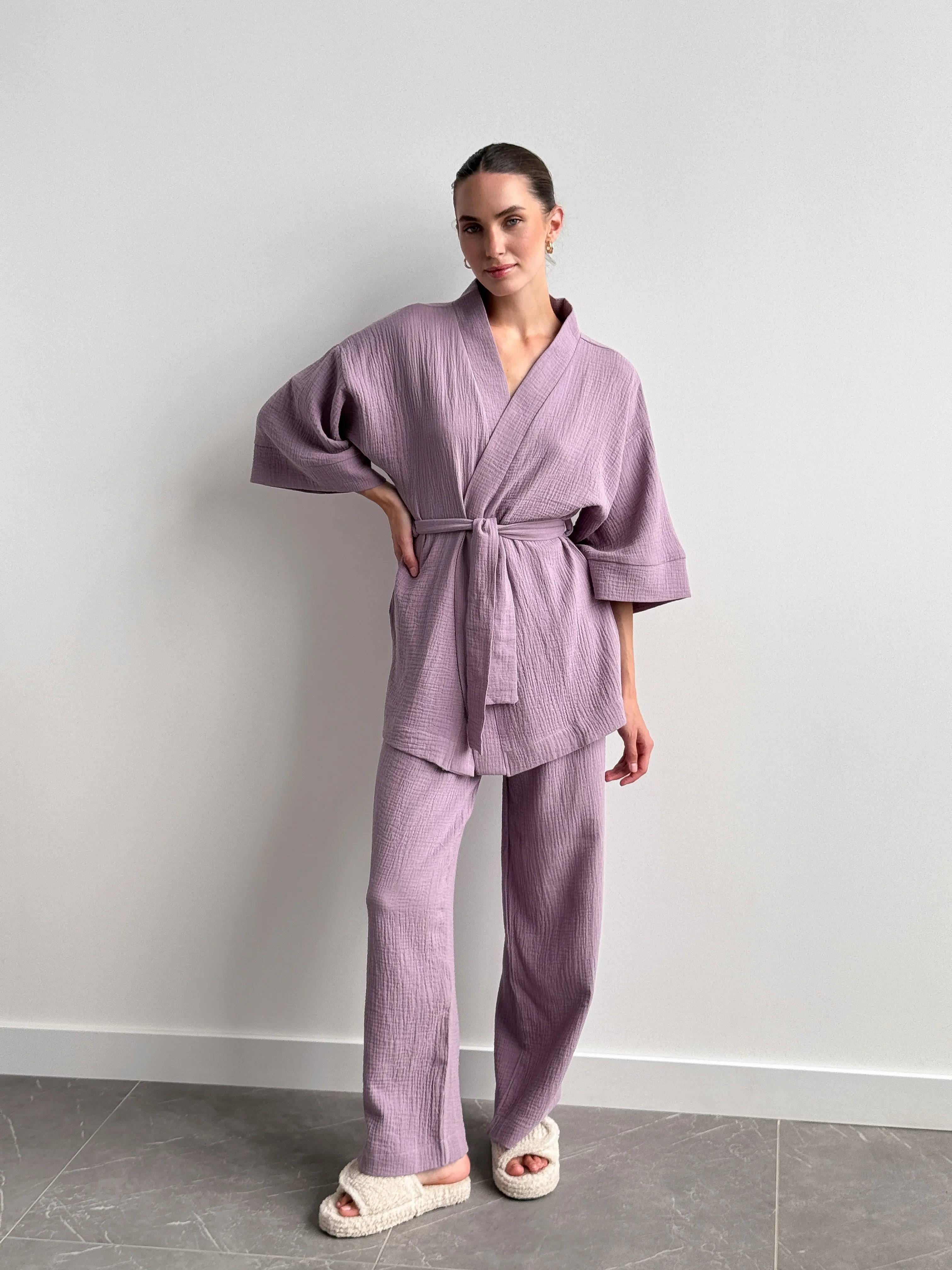 Muslin set 2-layer kimono+pants purple