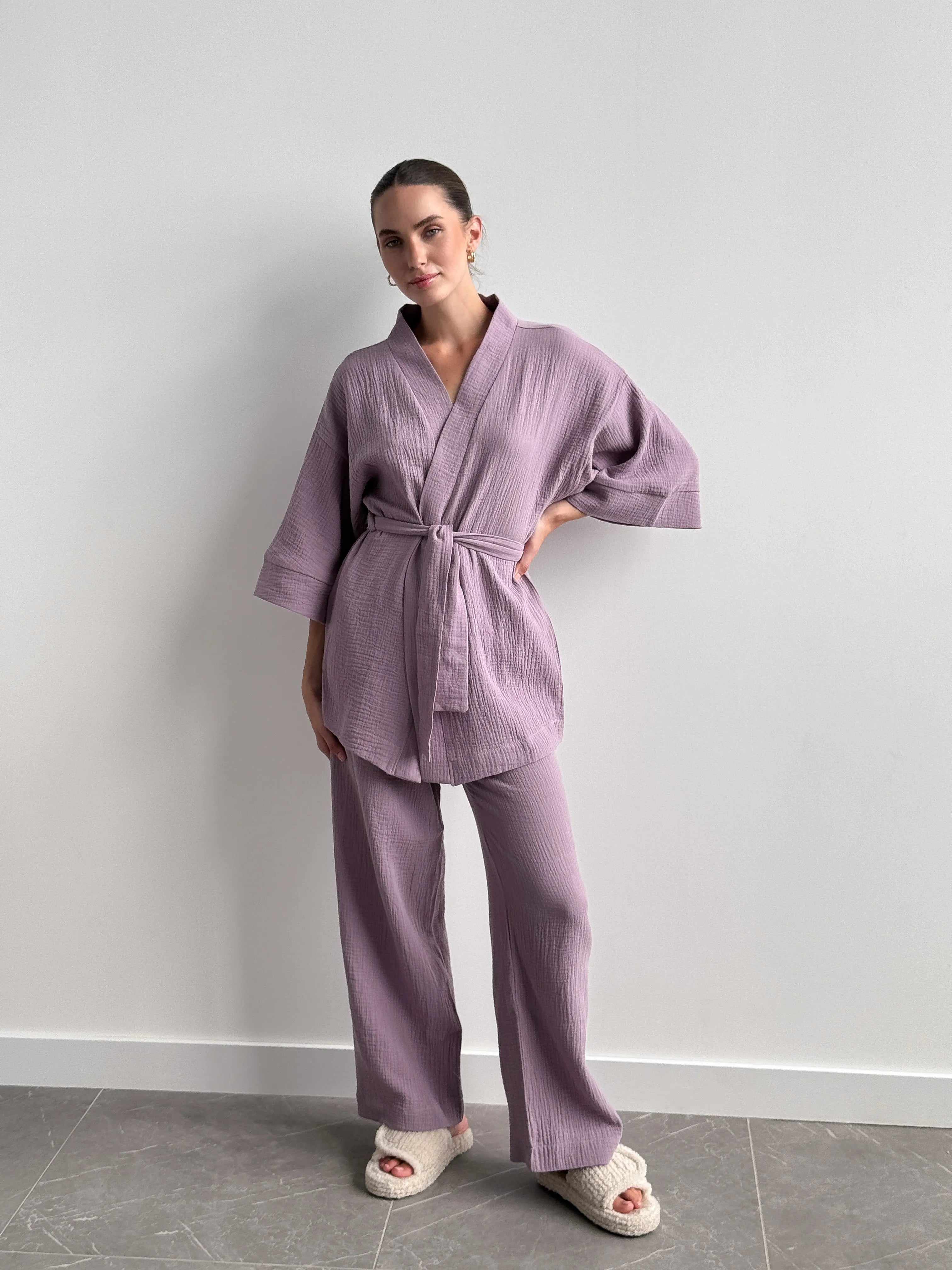 Muslin set 2-layer kimono+pants purple