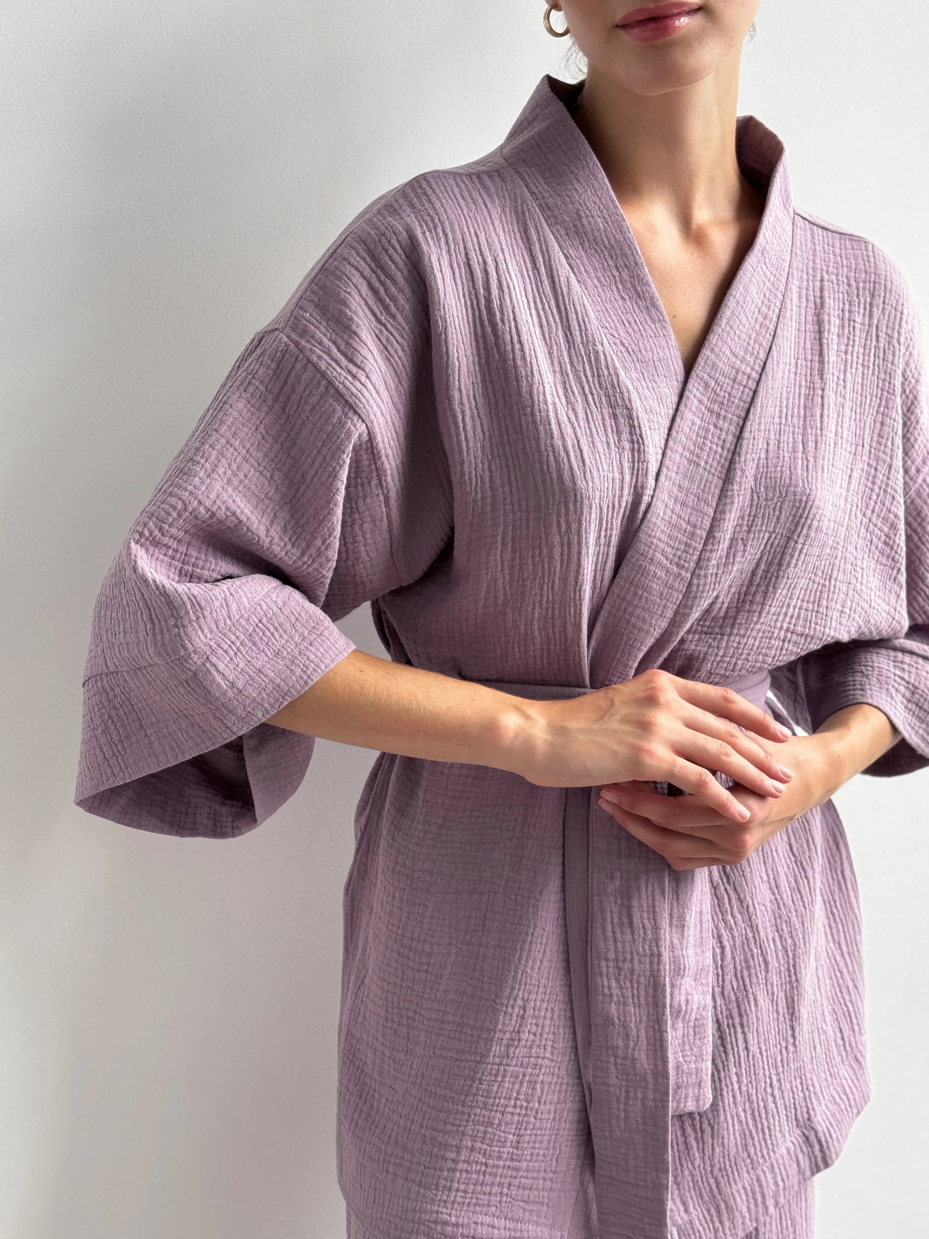 Muslin set 2-layer kimono+pants purple