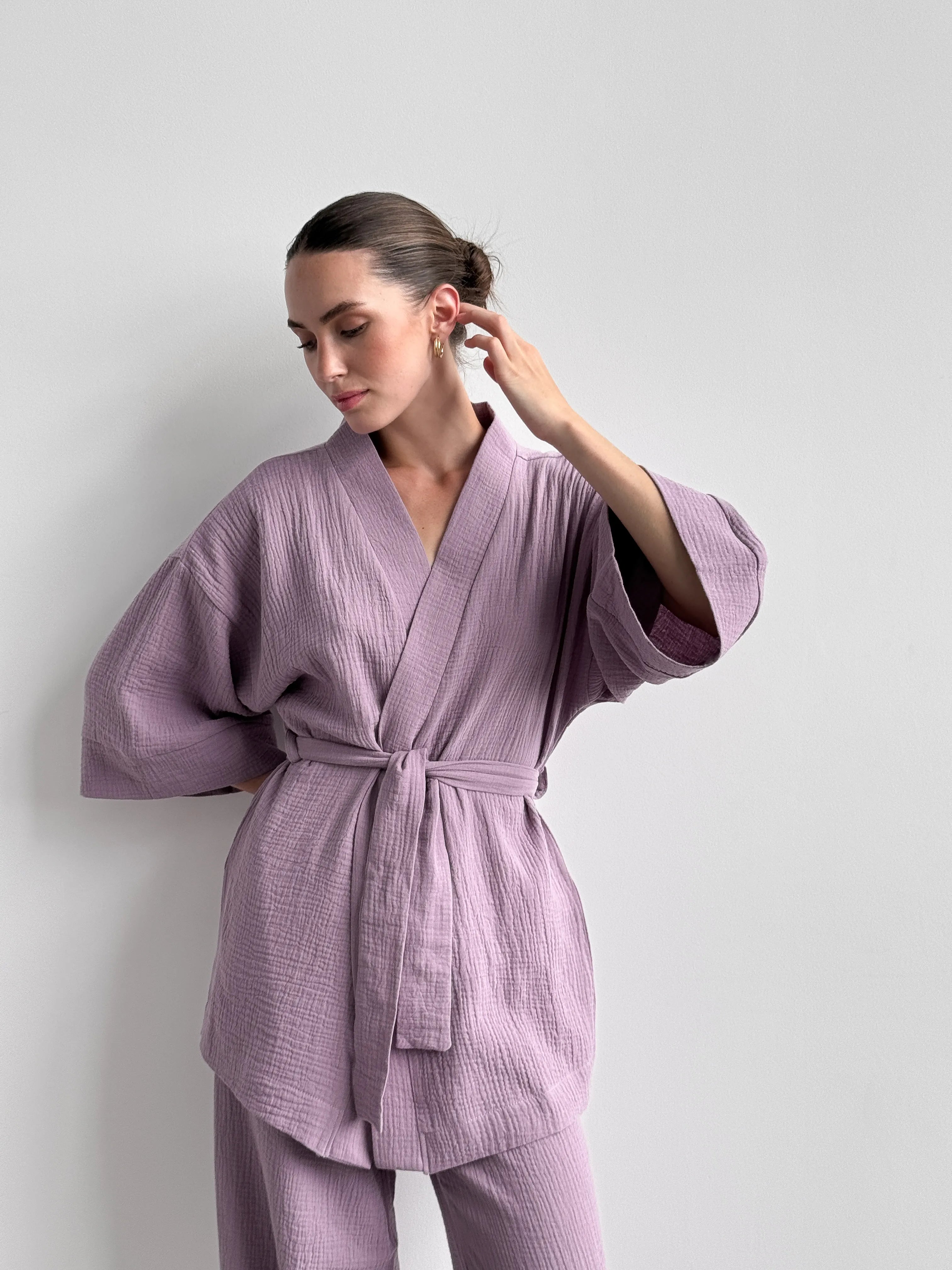 Muslin set 2-layer kimono+pants purple