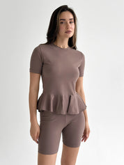 Knitwear Coolir T-shirt with peplum, chocolate