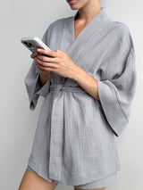Muslin set 2-layer kimono+shorts gray