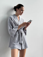 Muslin set 2-layer kimono+shorts gray