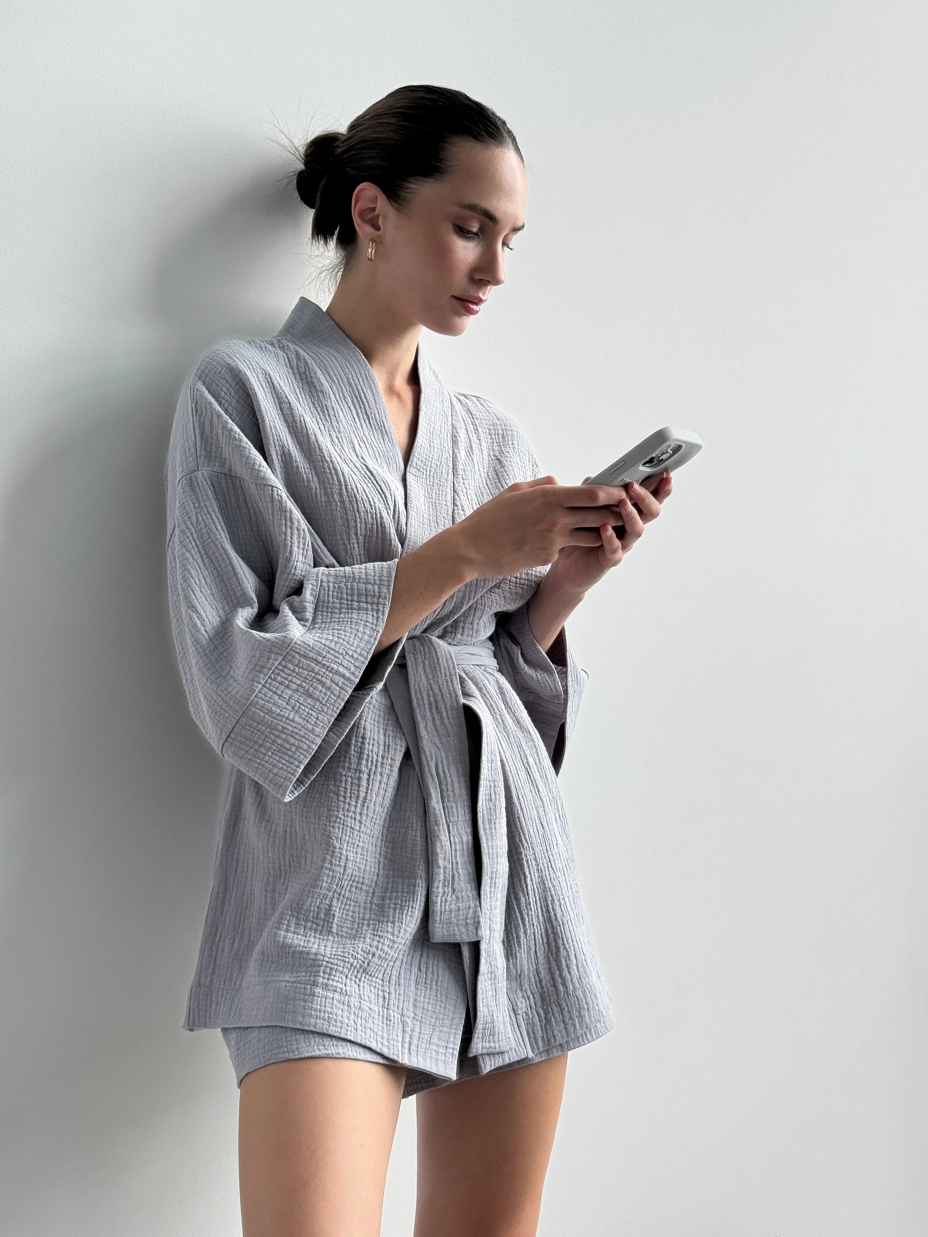 Muslin set 2-layer kimono+shorts gray