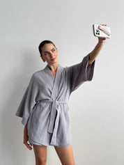 Muslin set 2-layer kimono+shorts gray