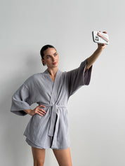 Muslin set 2-layer kimono+shorts gray