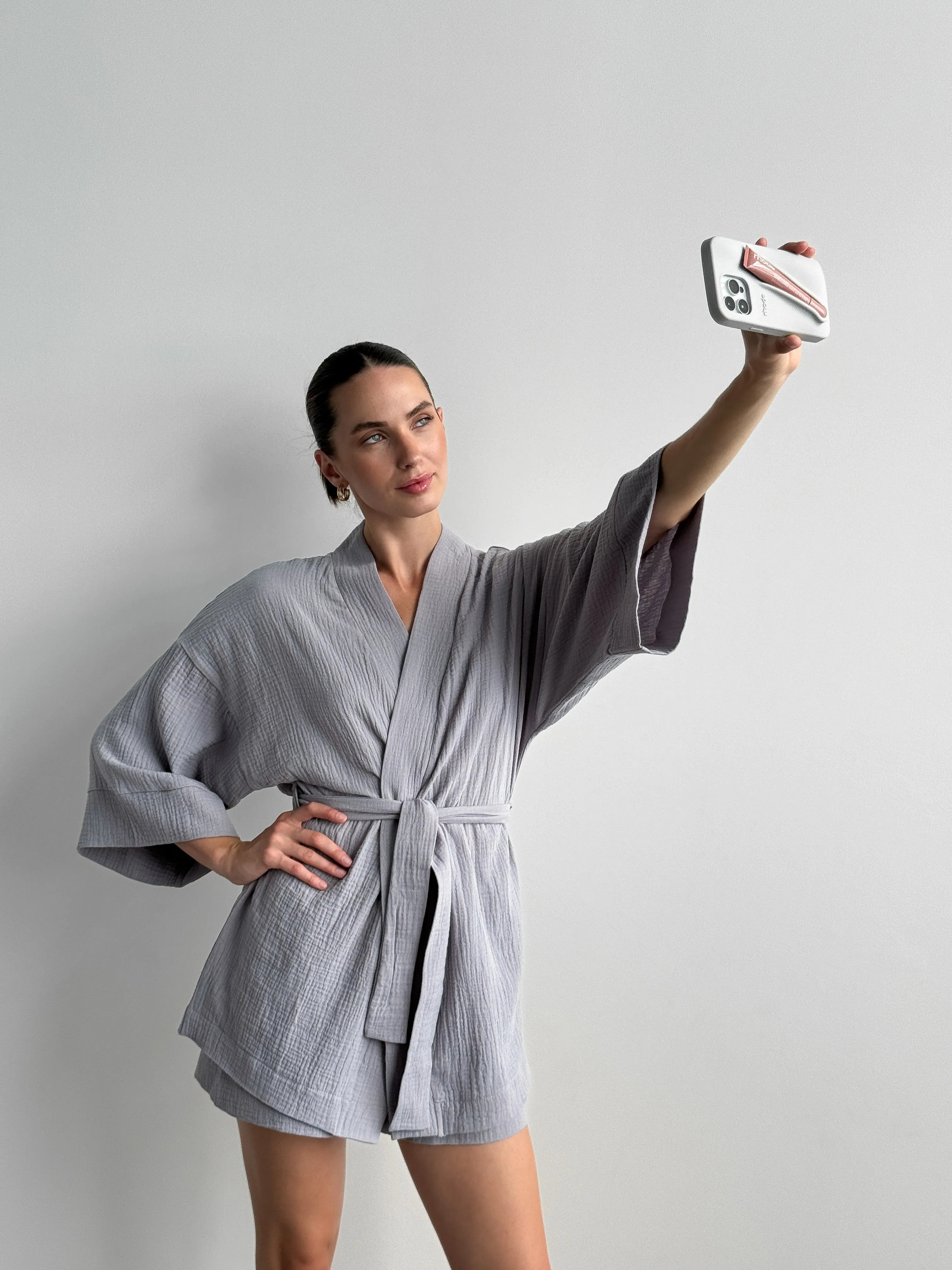 Muslin set 2-layer kimono+shorts gray