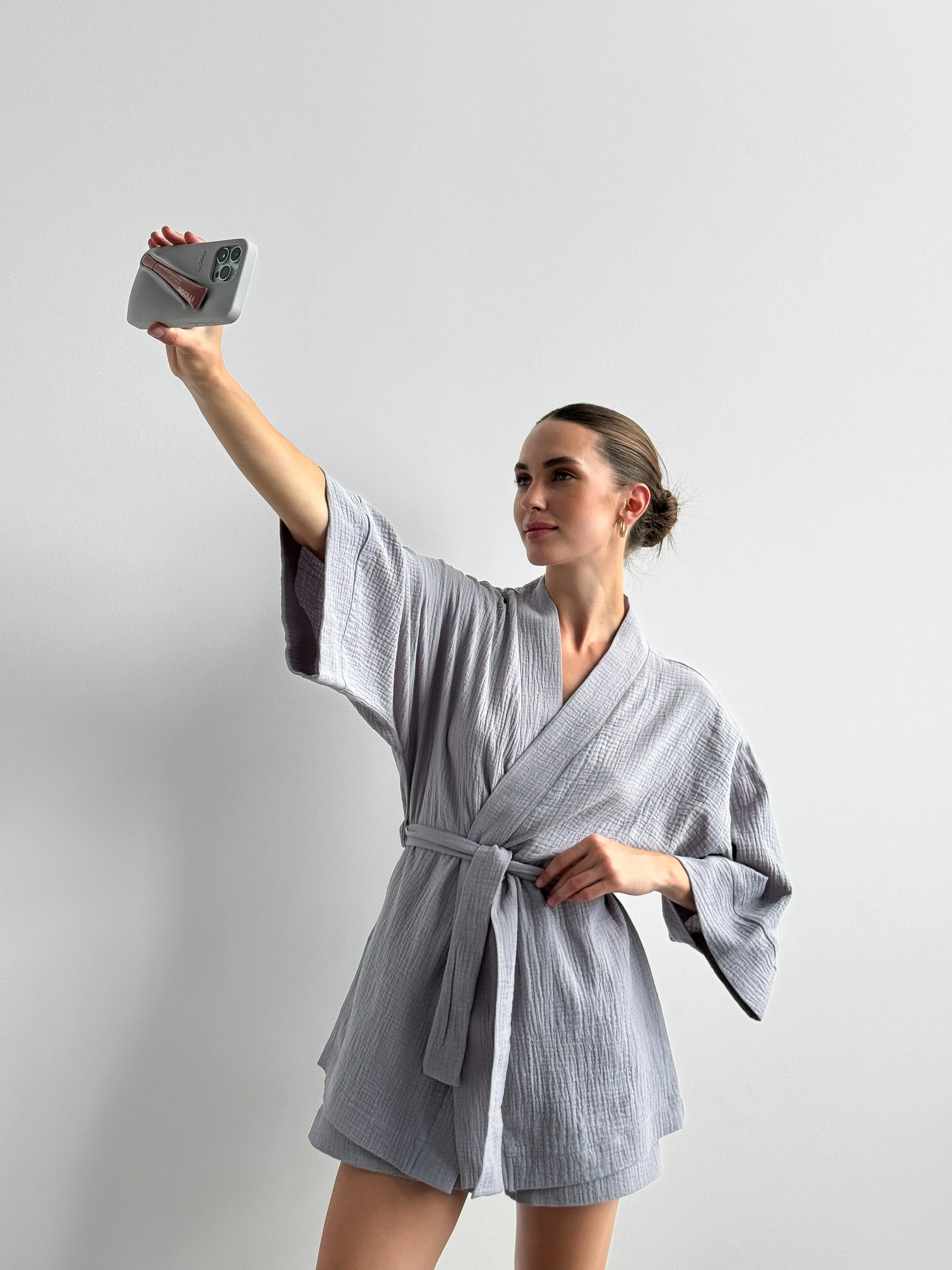 Muslin set 2-layer kimono+shorts gray