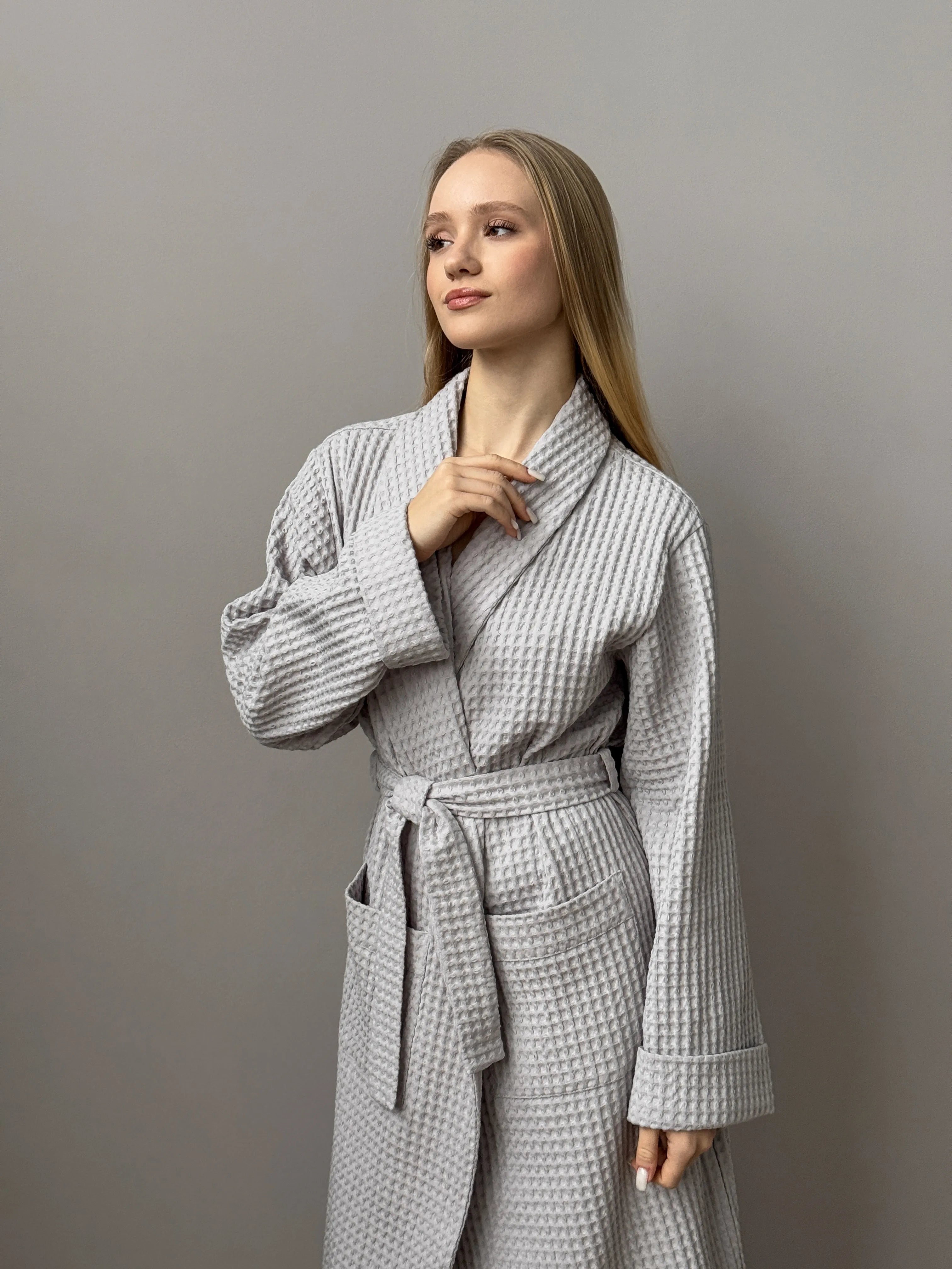 Gray waffle bathrobe