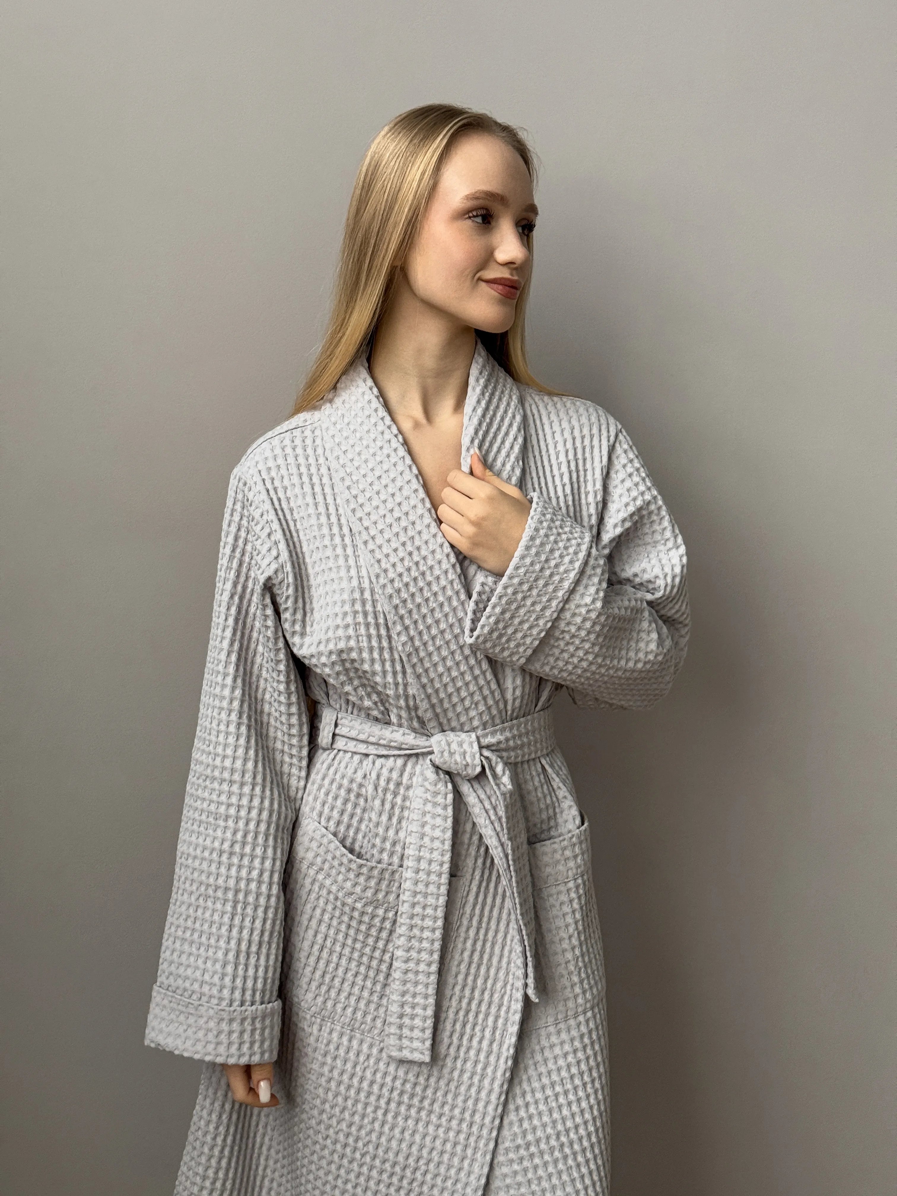 Gray waffle bathrobe