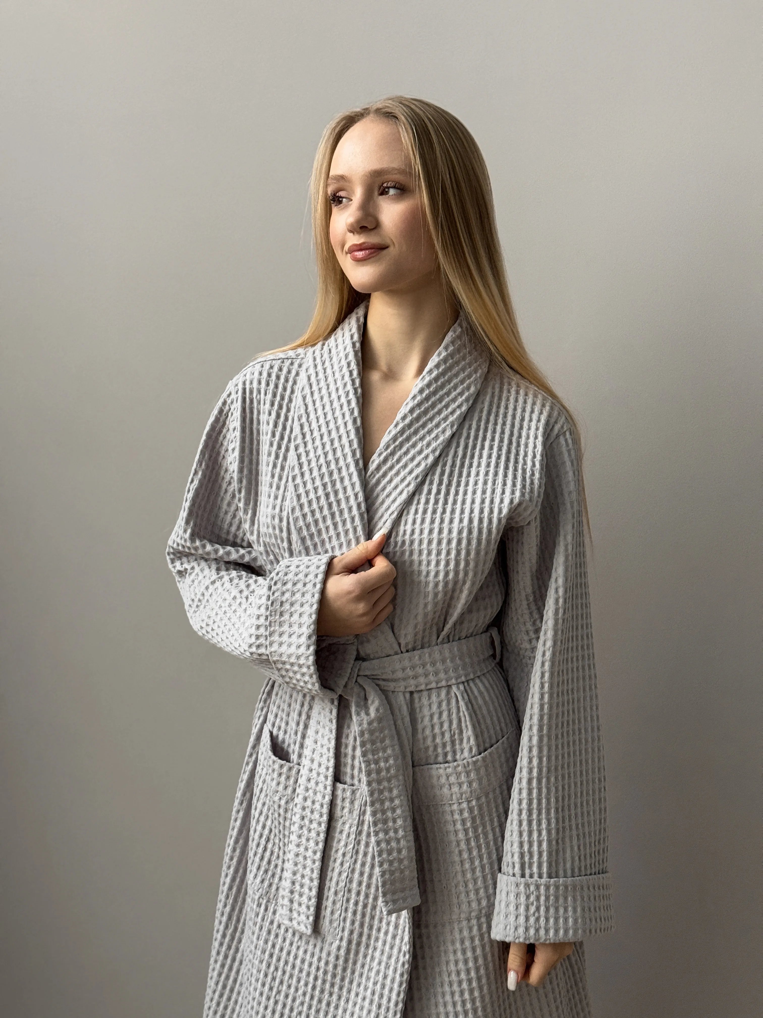 Gray waffle bathrobe