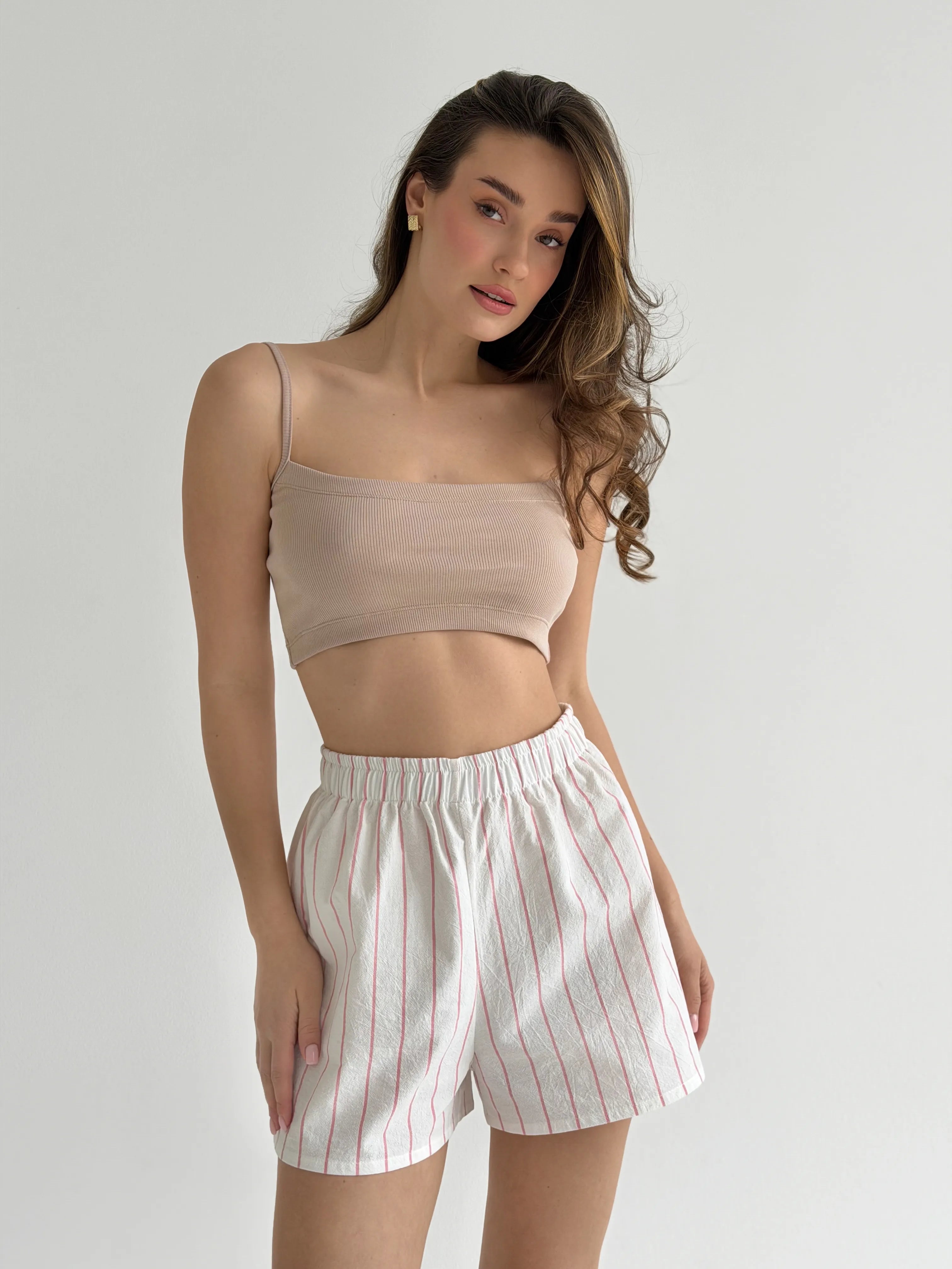 Mono cotton shorts “pink stripe on milk”