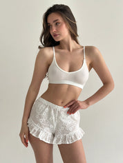 Mono shorts with ruffles, cambric flowers, milky