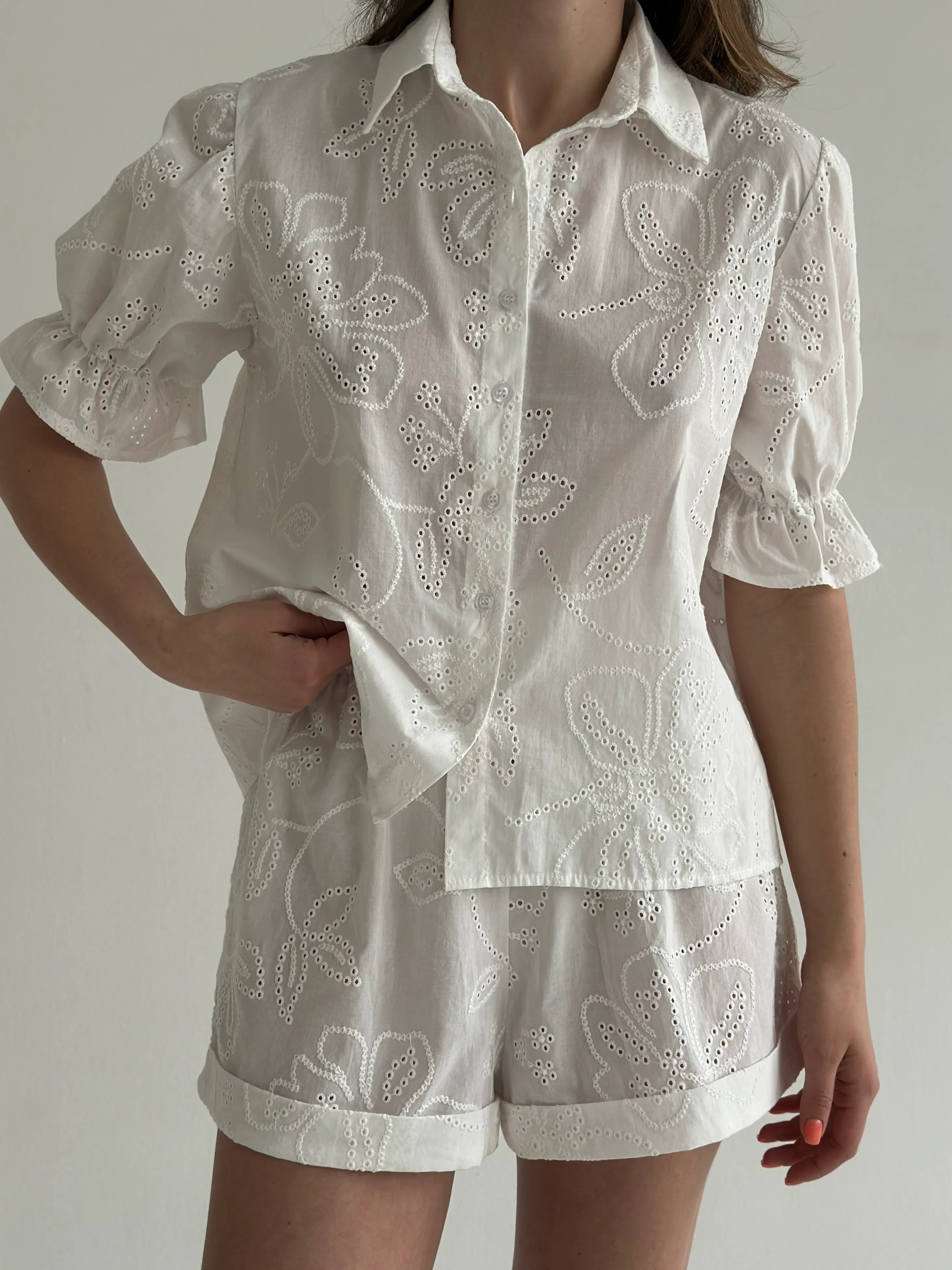 Suit blouse and shorts, soft, milky