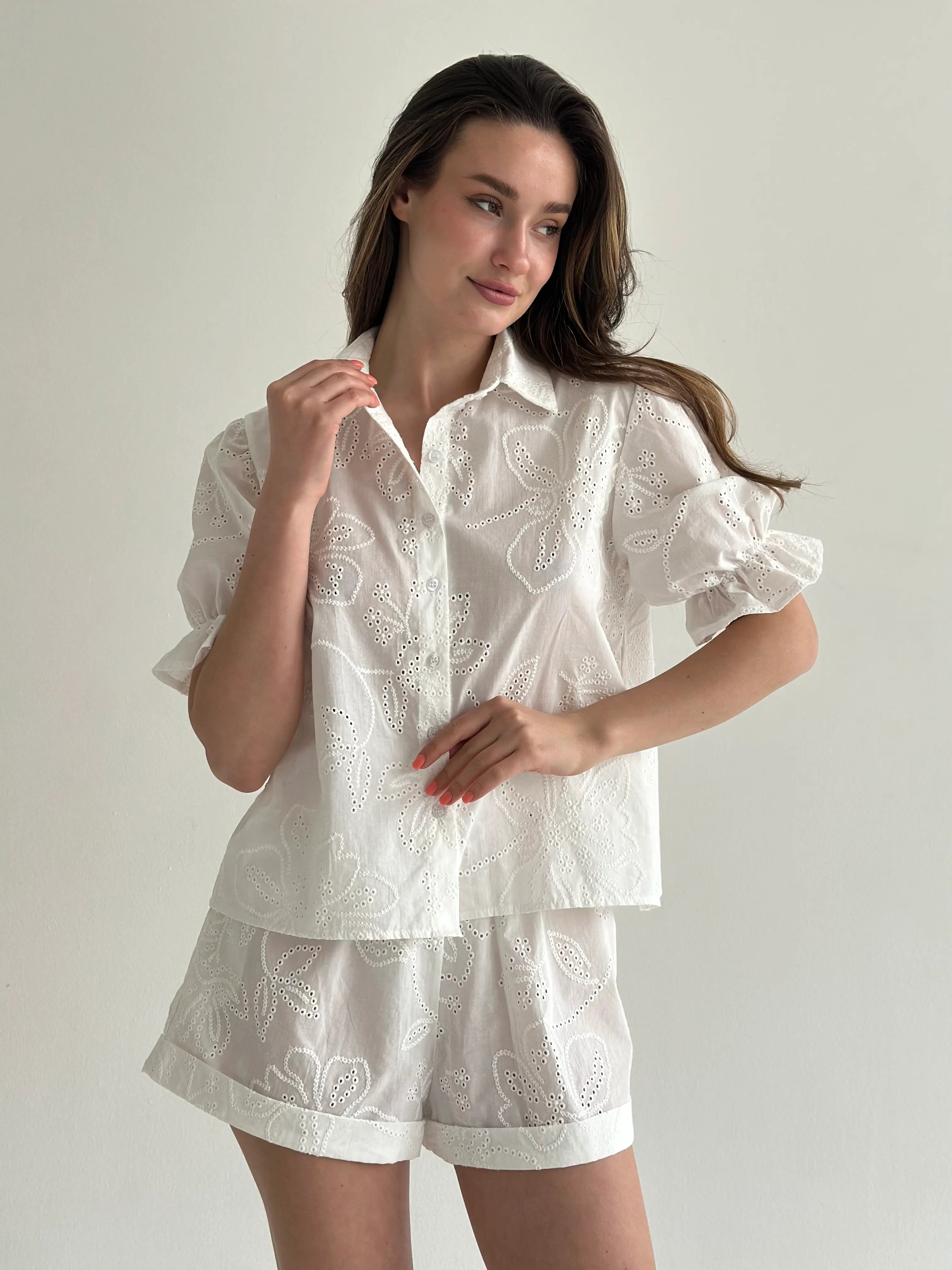 Suit blouse and shorts, soft, milky