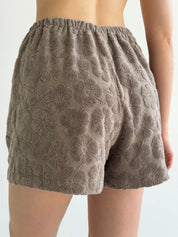 Short-sleeved suit and shorts, terry jacquard flower, brown