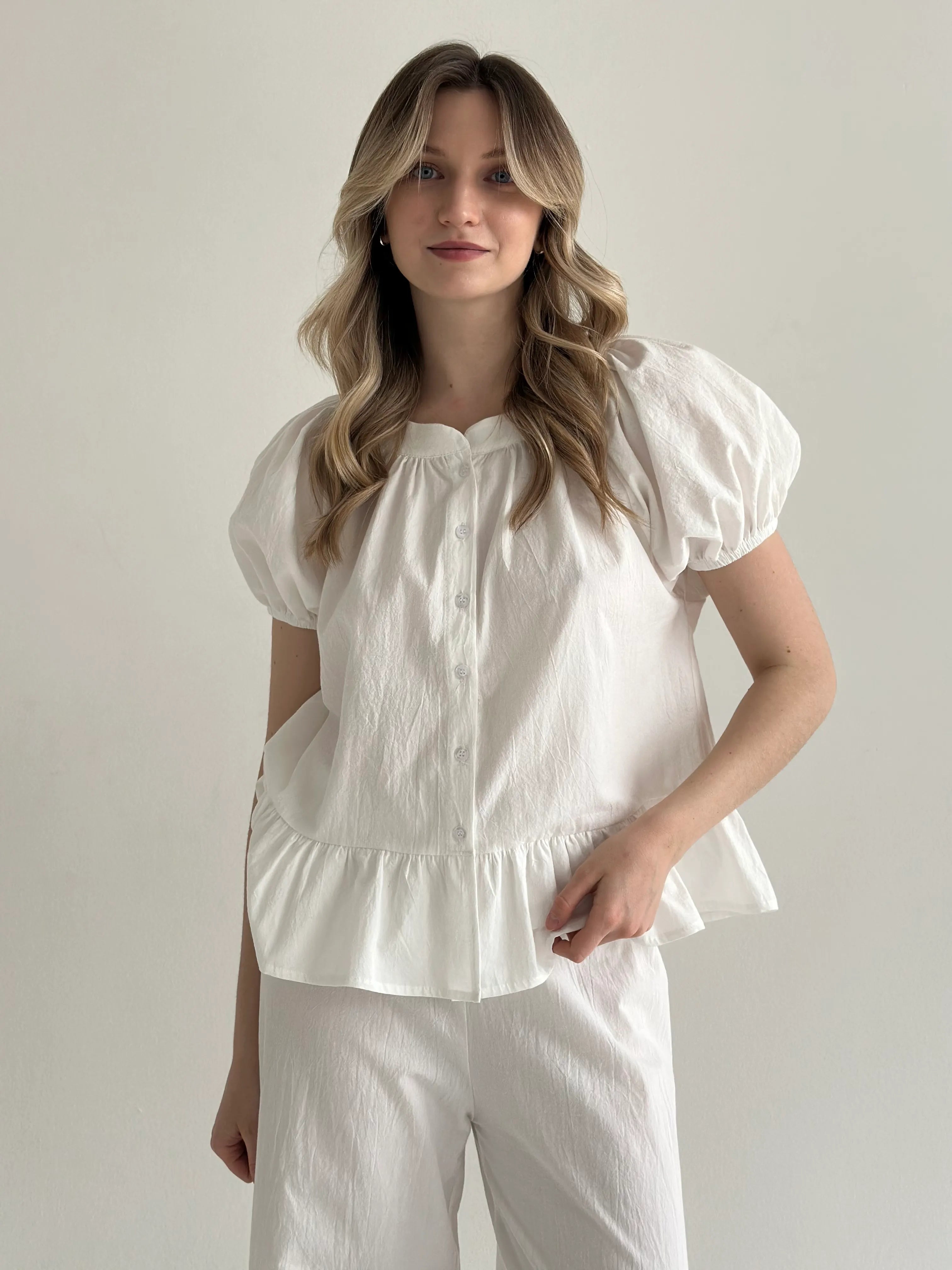Suit blouse and trousers with ruffles, cotton, milky