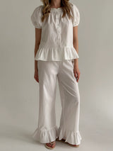 Suit blouse and trousers with ruffles, cotton, milky