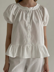 Suit blouse and trousers with ruffles, cotton, milky