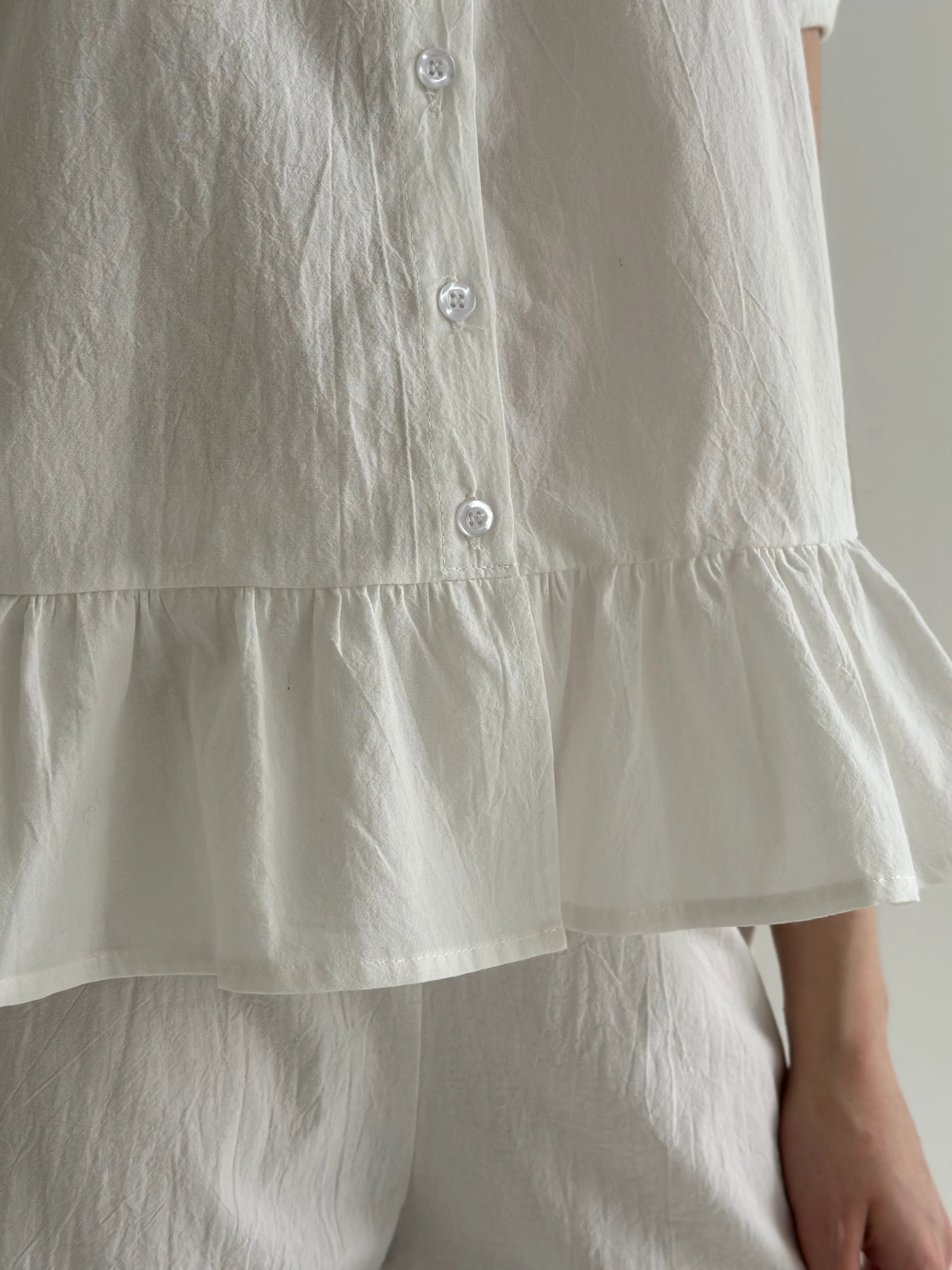 Suit blouse and trousers with ruffles, cotton, milky
