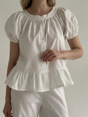 Suit blouse and trousers with ruffles, cotton, milky