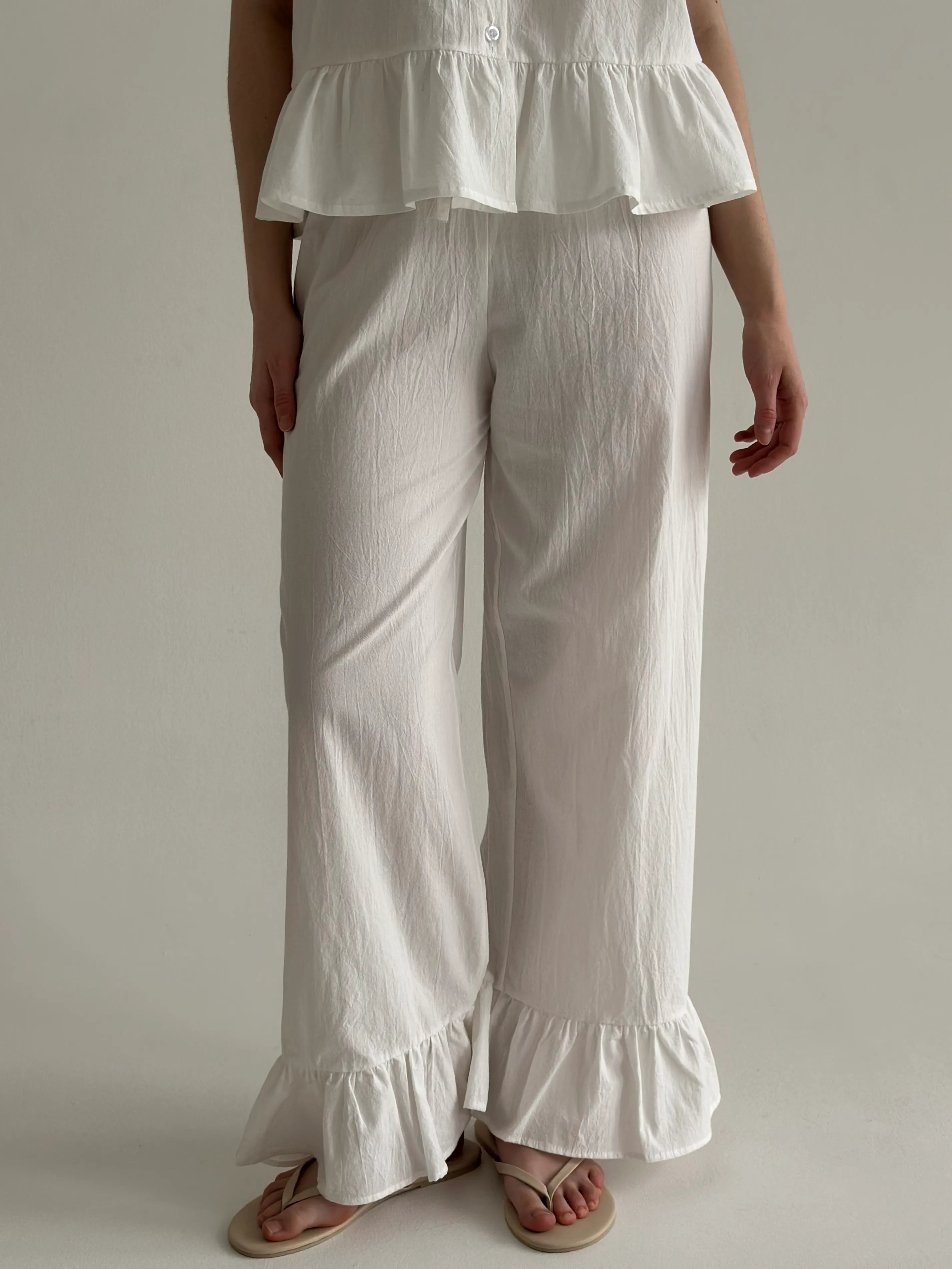 Suit blouse and trousers with ruffles, cotton, milky