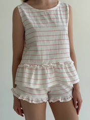 Cotton T-shirt and shorts suit "Pink horizontal stripe" on milky