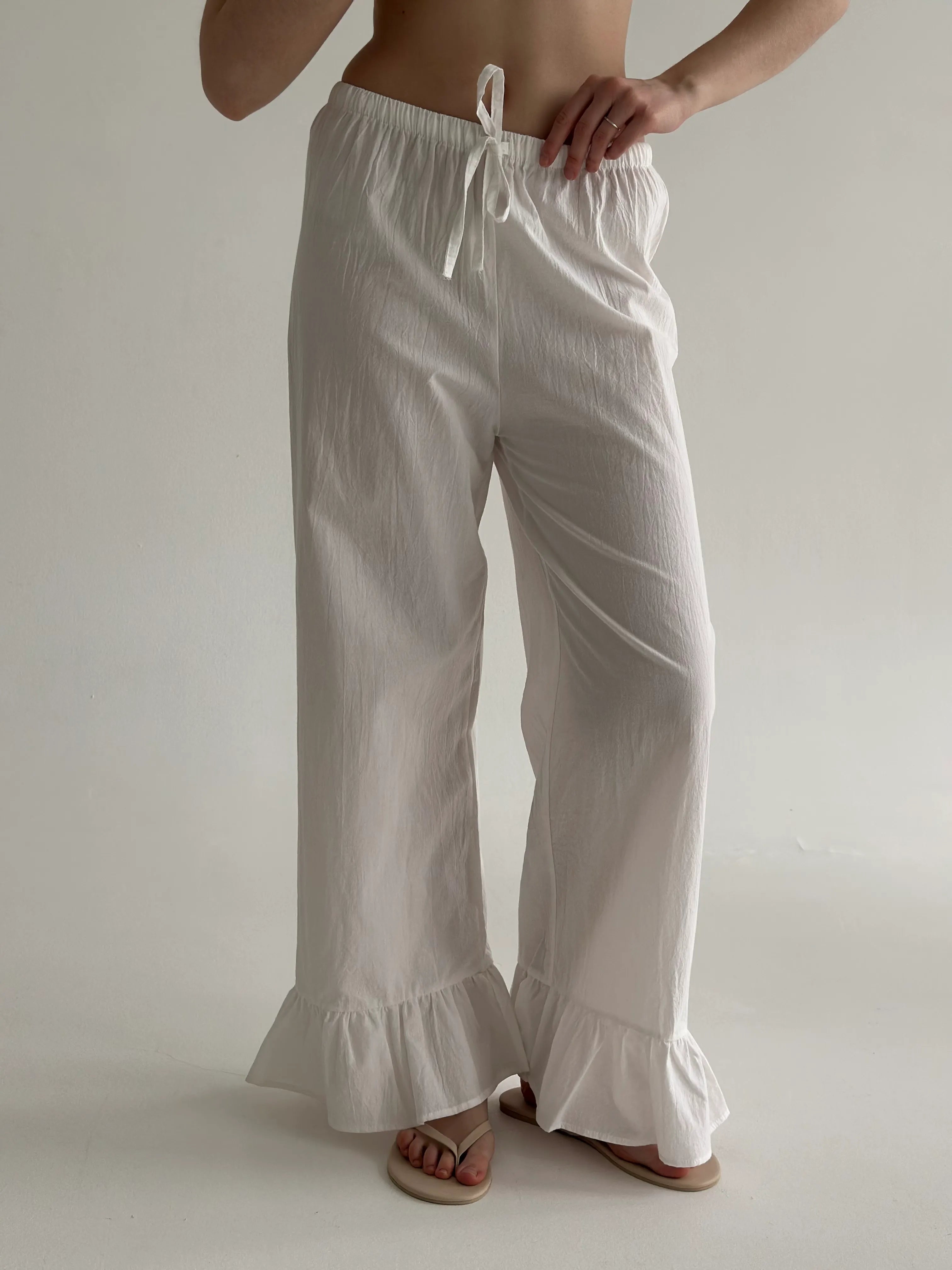 Suit blouse and trousers with ruffles, cotton, milky