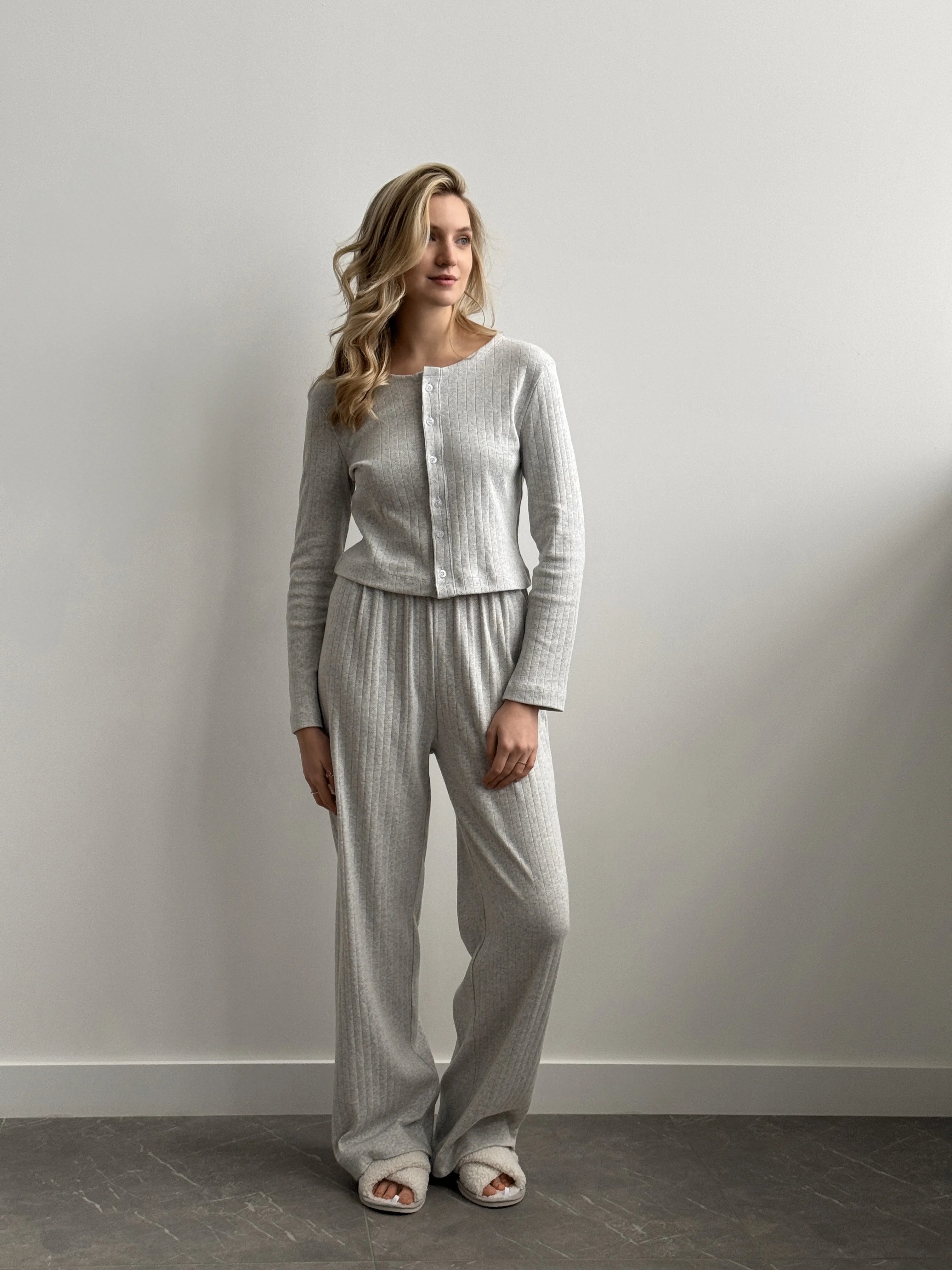 Ribbed wide pants light gray