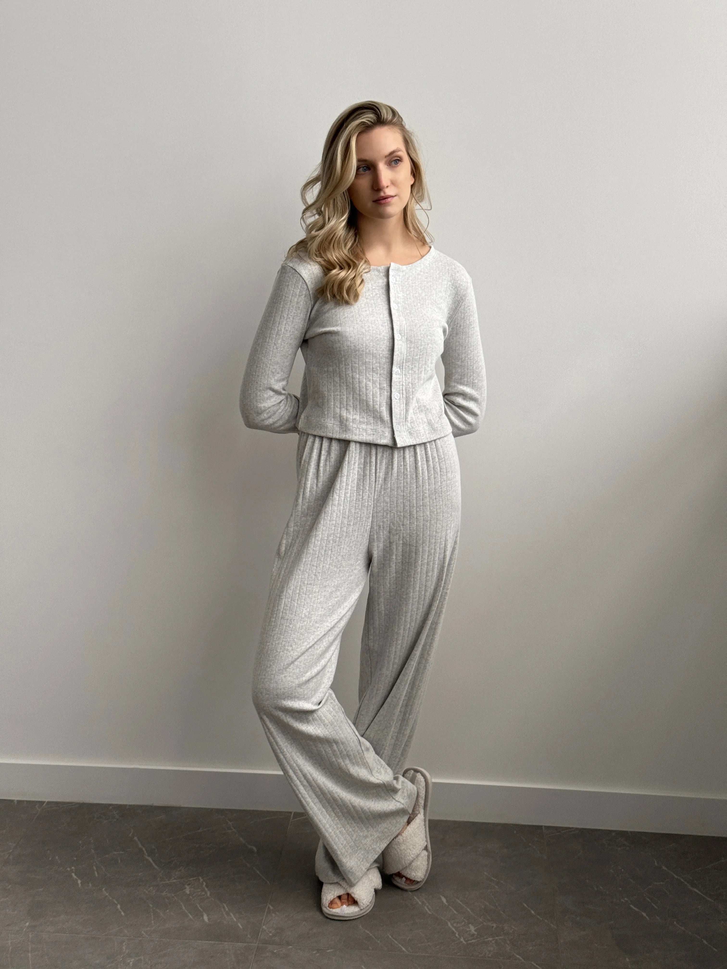 Ribbed wide pants light gray