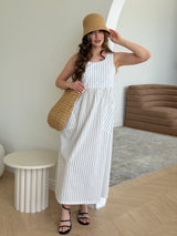 Wide striped cotton sundress with patch pockets milk/black