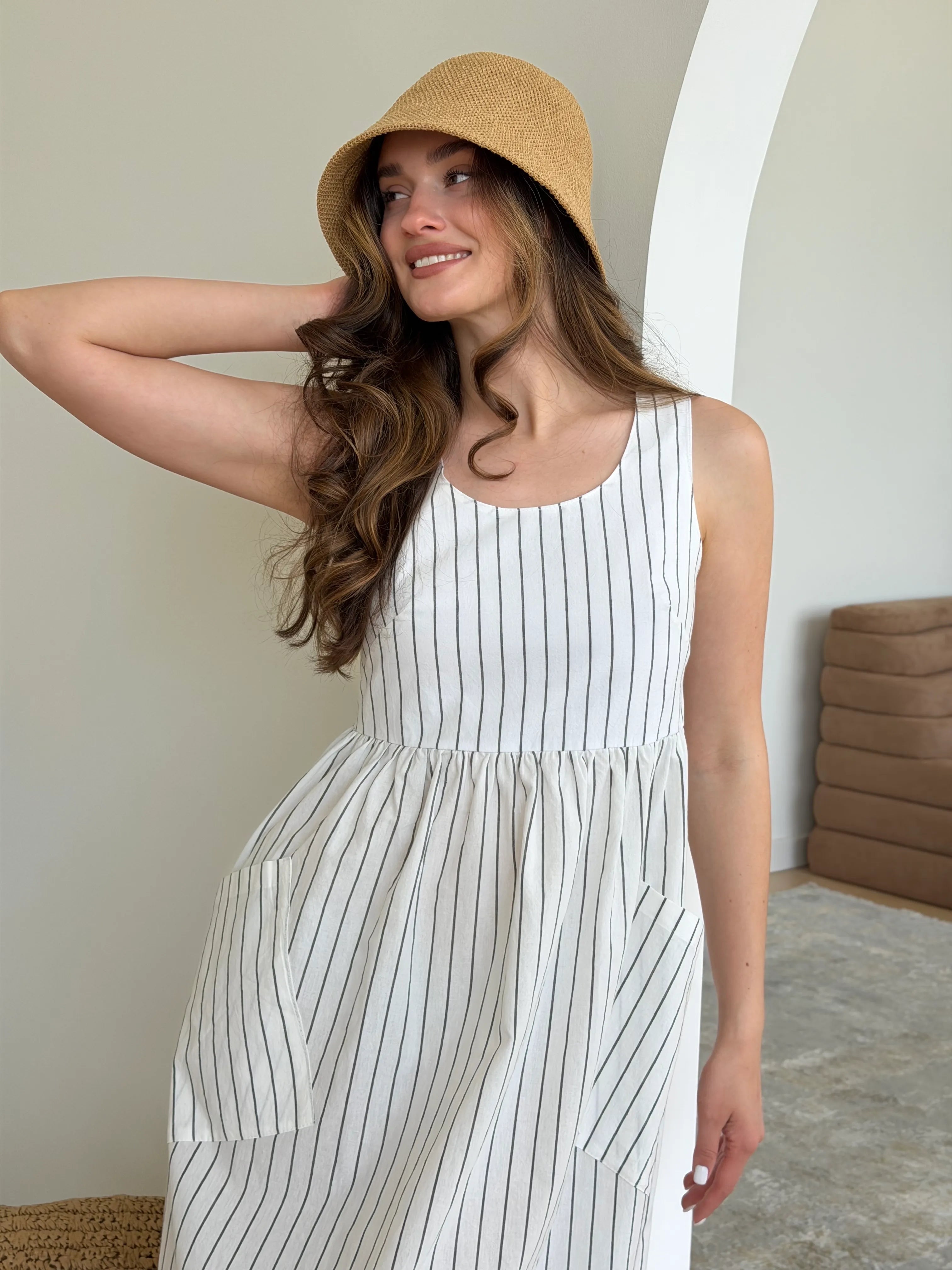 Wide striped cotton sundress with patch pockets milk/black